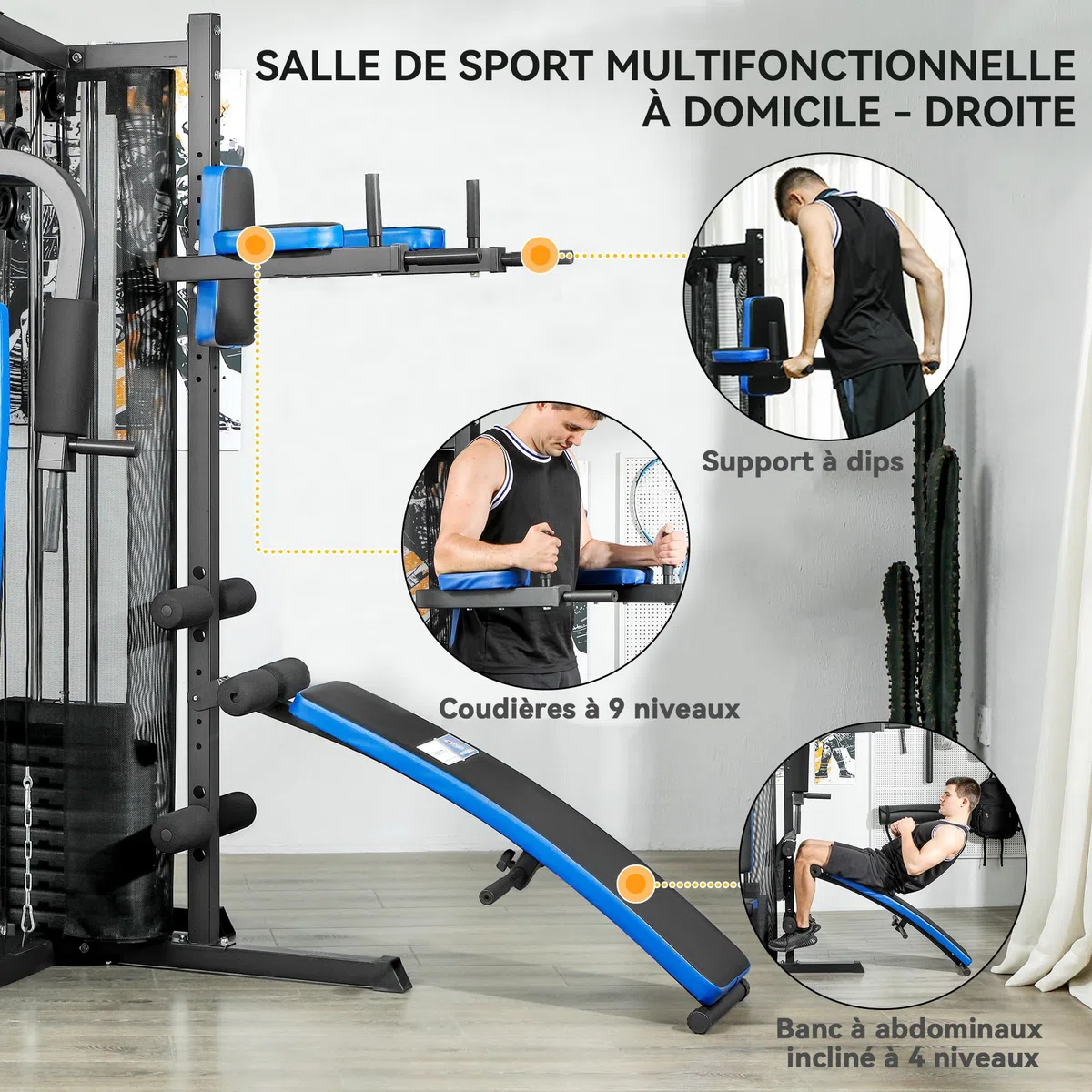 SPORTNOW Station de Musculation Multifonction Ajustable - Collaboration Aosom.FR x FFHandball - Banc Fitness 10 contrepoids 65 kg avec Filet de Protection Appareil de Musculation à Domicile