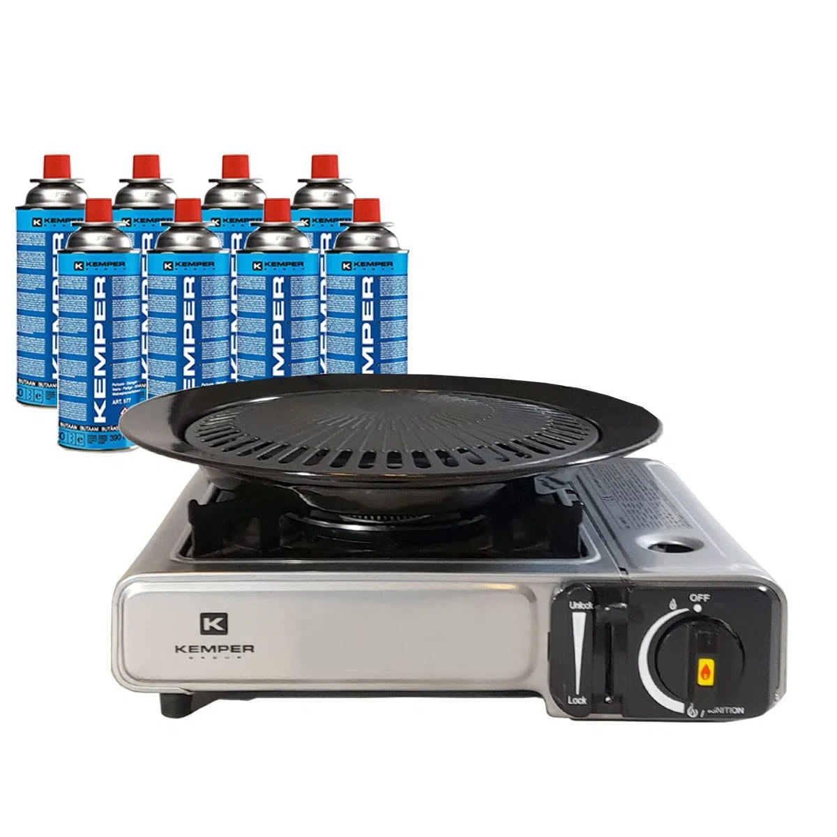 KEMPER - Barbecue Grill 2 en 1 Réchaud gaz piézo 2200 W + Plaque Grill + 8 Cartouches gaz Butane Camping