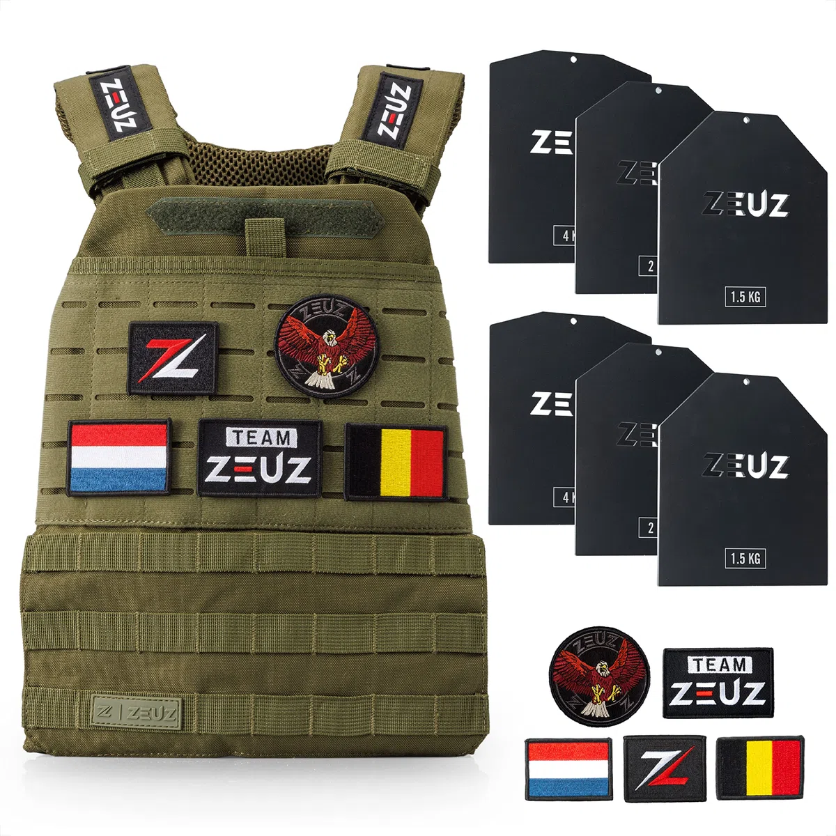 ZEUZ® Veste de musculation Crossfit & Fitness 16,5 KG – Gilet tactique & Gilet d'entraînement - Réglable en poids – 19 Stands - Vert