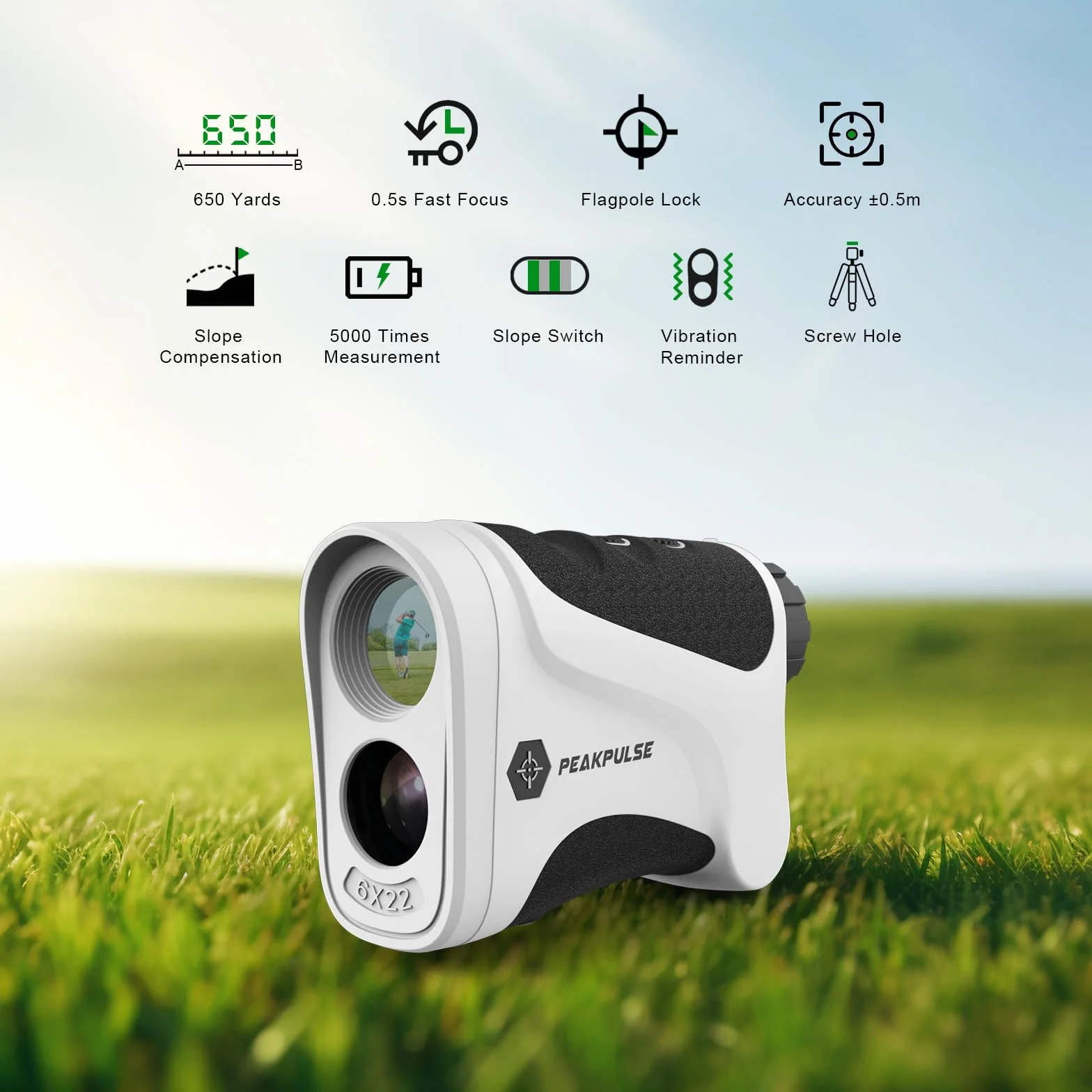 PEAKPULSE Télémètre de golf 650 1400 1700 yards, mesure de distance laser de golf, grossissement 6X, mât de drapeau, verrouillage des vibrations, système de mise au point rapide, tournoi légal