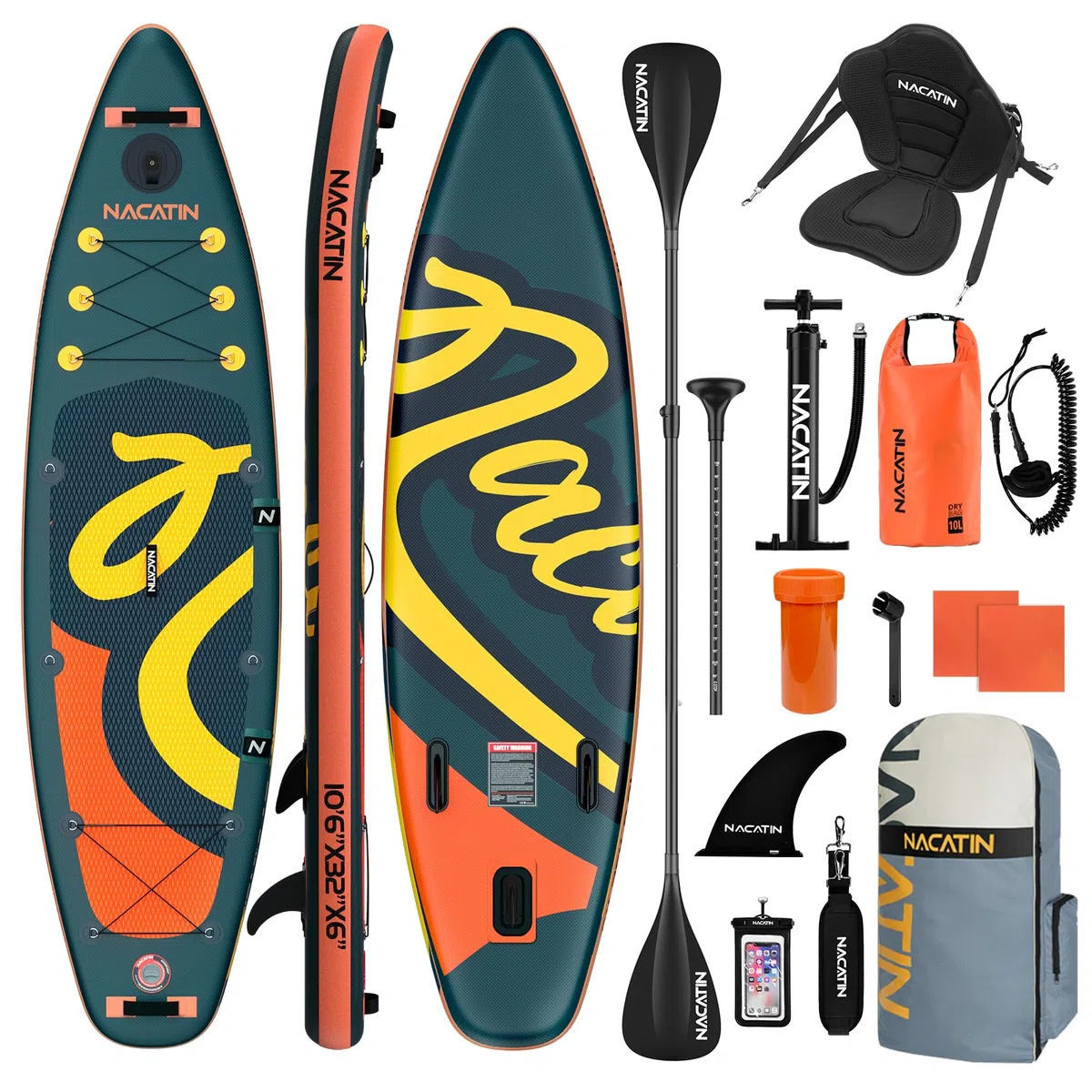 Paddle Gonflable Adulte, NACATIN 10'6" Stand Up Paddle Gonflable avec Pagaie Réglable, Pompe, Sac à Dos, Sac Étanche, Idéal pour Tous Les Niveaux de Compétence (Siège de Kayak Optionnel Disponible)