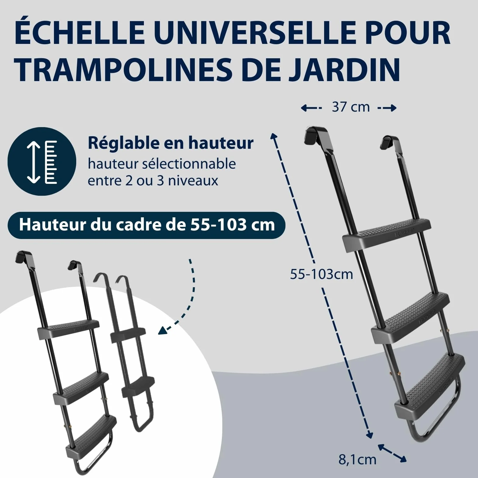 HUDORA Échelle universelle – Trampoline antidérapant avec marches larges – Échelle de sécurité réglable en hauteur pour différentes hauteurs de trampoline et résistant aux UV