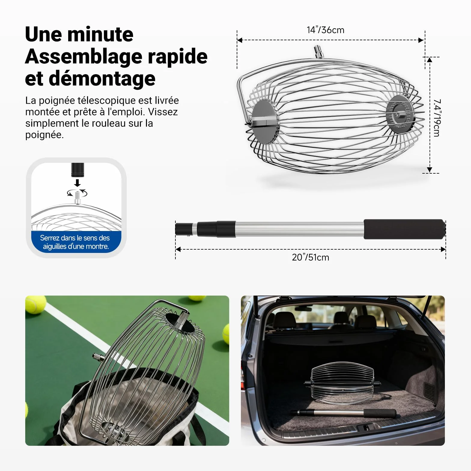 NEEWER BASICS Ramasseur de Balle de Tennis à Trémie Supérieure TB04S 70-138cm Télescopique pour 20 Balles