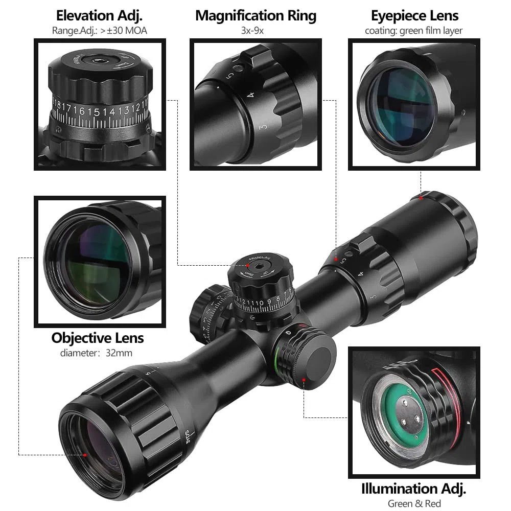 Lunette de visée SPINA OPTICS 3-9X32, AO, RGB Mil-Dot, Anneaux QD, Noir