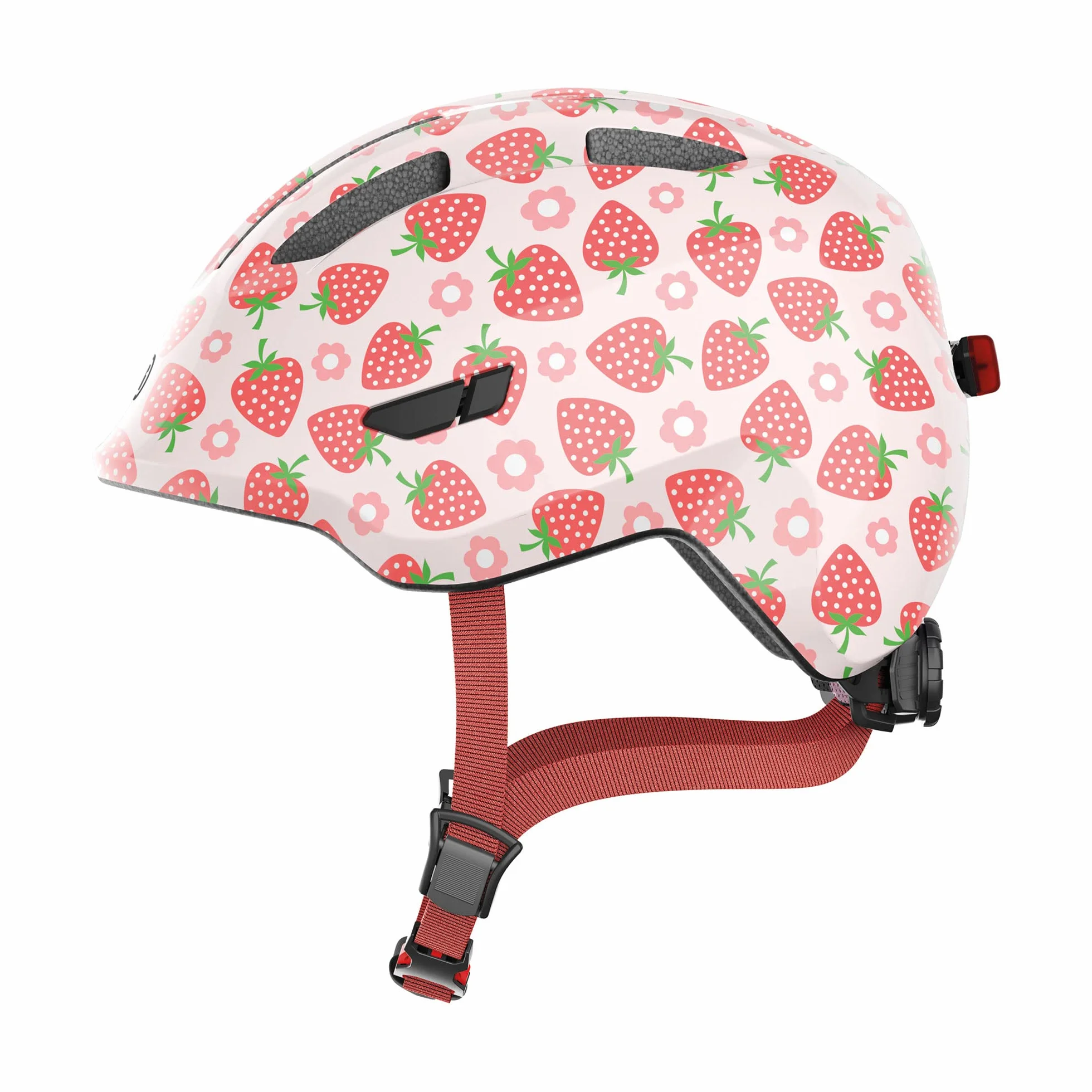 ABUS Casque pour enfants Smiley 3.0 LED - Casque de vélo avec lumière - Rose motif fraise, taille S (45-50 cm)
