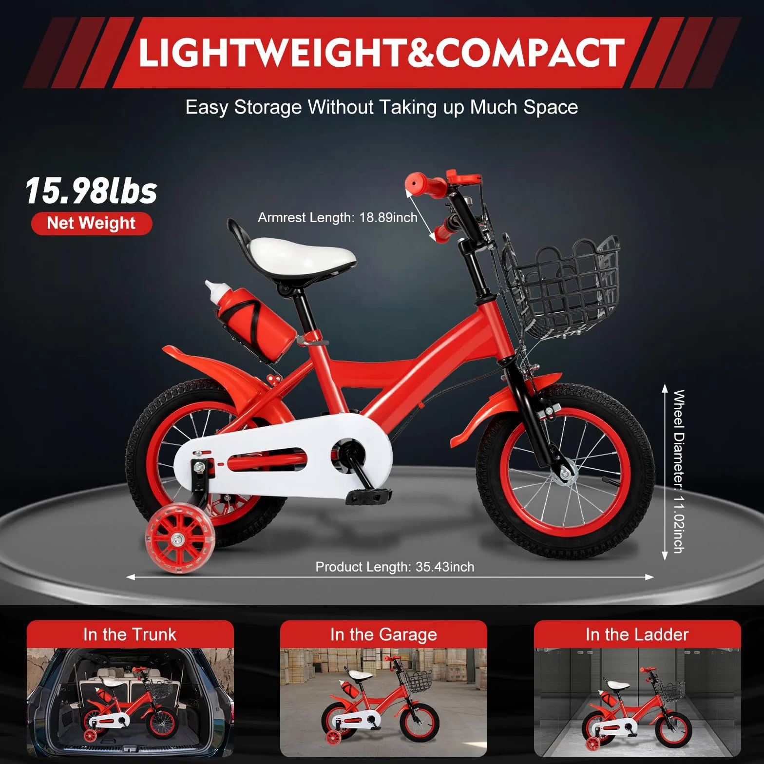 Vélo enfant 12 pouces avec roues stabilisatrices réglable hauteur rouge 2-4 ans