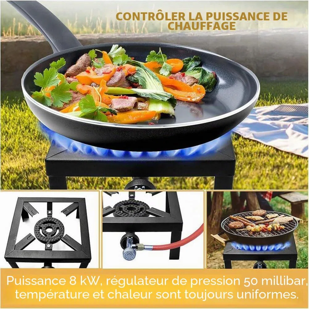 Réchaud à gaz 8 kW - Réchaud industriel avec tuyau de gaz propane de 1,5 m et réducteur de pression de propane de 50 mbar - Pour le camping, l'extérieur, uniquement pour une utilisation en