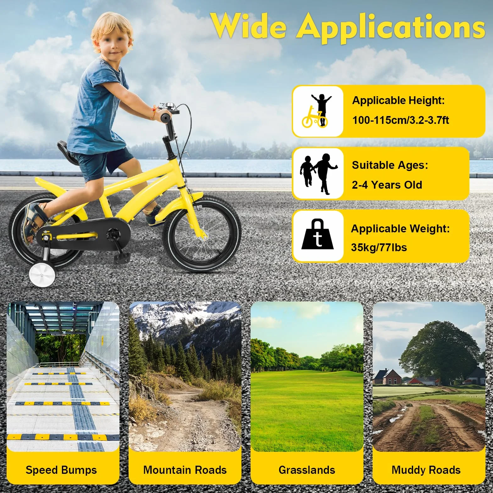 Vélo enfant 14 pouces roues stabilisatrices béquille siège réglable 55-66 cm