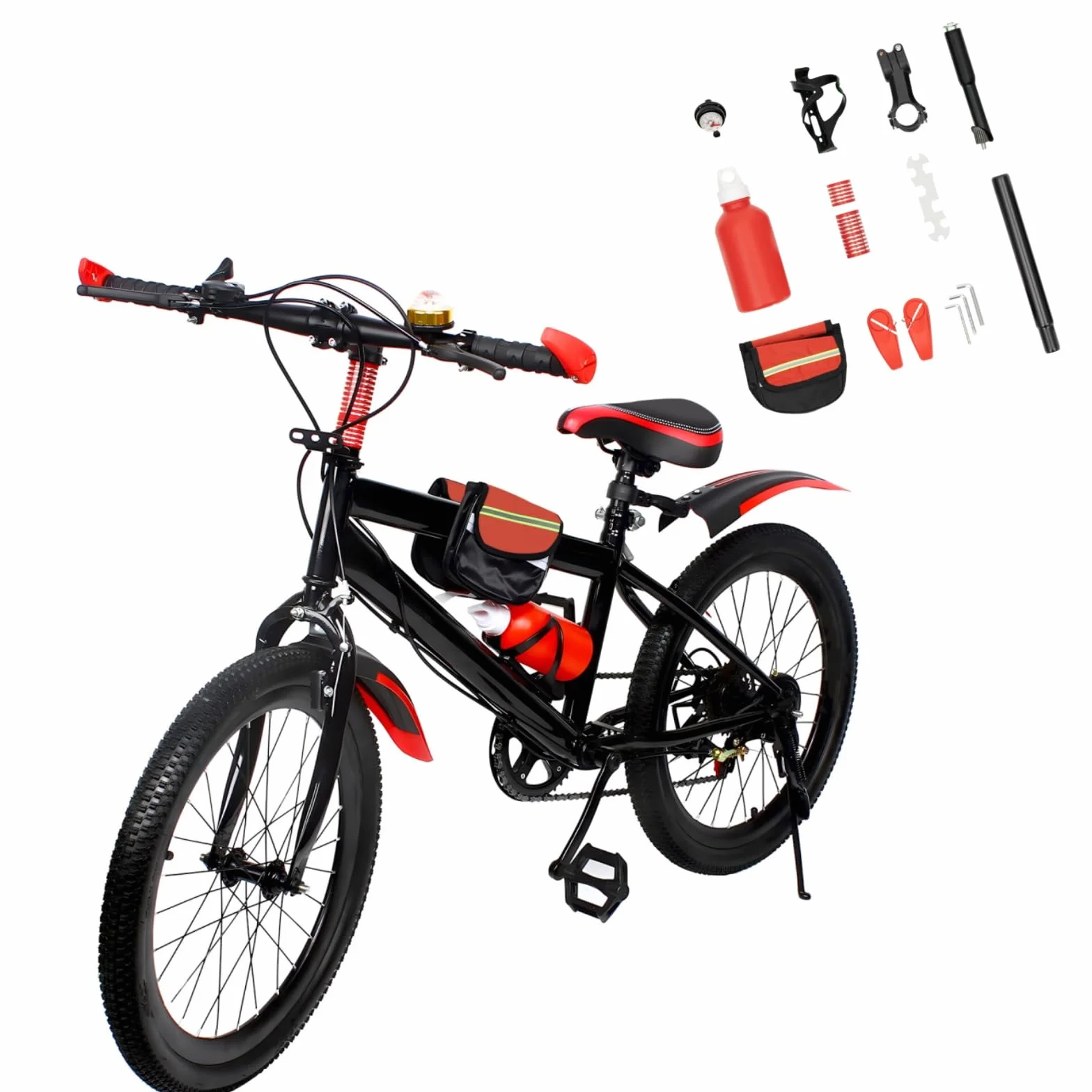 Vélo VTT 20 pouces, 7 vitesses pour garçons et filles avec gourde, sac de rangement, cloche de boussole, vélo en acier au carbone, capacité de charge : 85 kg