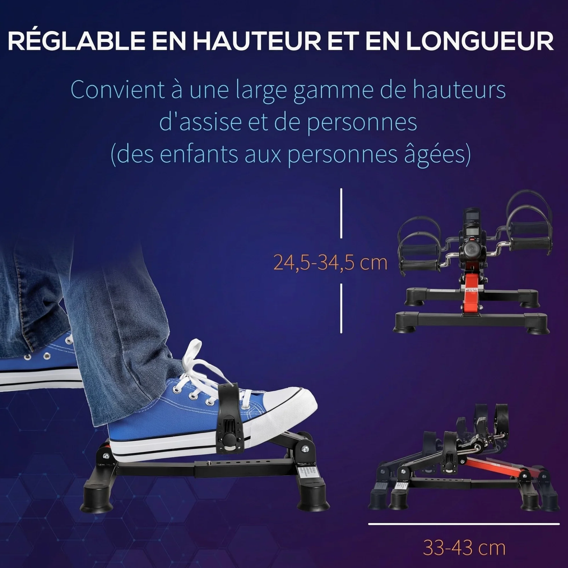 HOMCOM Pédalier d'appartement mini vélo d'appartement avec résistance réglable, écran LCD, hauteur et largeur réglables, pour entraînement des bras et des jambes, acier noir