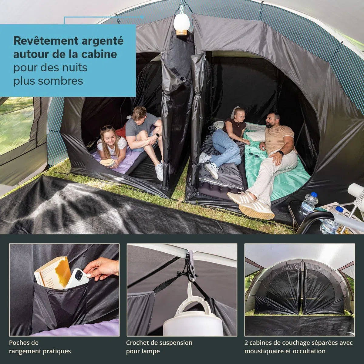 Skandika Tente tunnel Kemi pour 4 personnes | Tente de camping, 2 cabines de couchage, hauteur 2 m, 4 places, colonne d'eau 3000 mm, paroi frontale amovible, auvent | Tente de camping, tente familiale