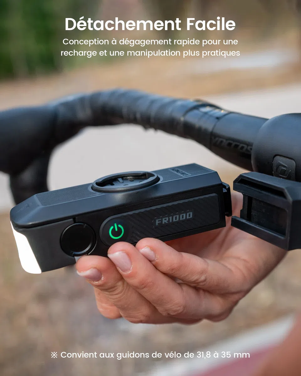 RAVEMEN FR1000 1000 Lumens Phare Avant pour Un éclairage Nocturne et Une Visibilité Diurne Compatible avec Garmin/Wahoo/Bryton Compteurs Vélo, éclairage et Support intégrés, Marche/Arrêt Automatique
