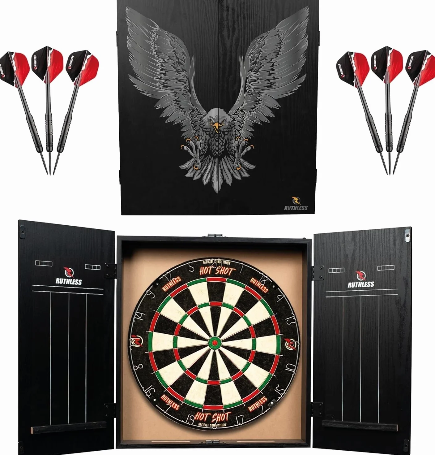 Ruthless Home Darts Centre | Cible de fléchettes avec armoire, cible de fléchettes et 2 jeux de fléchettes