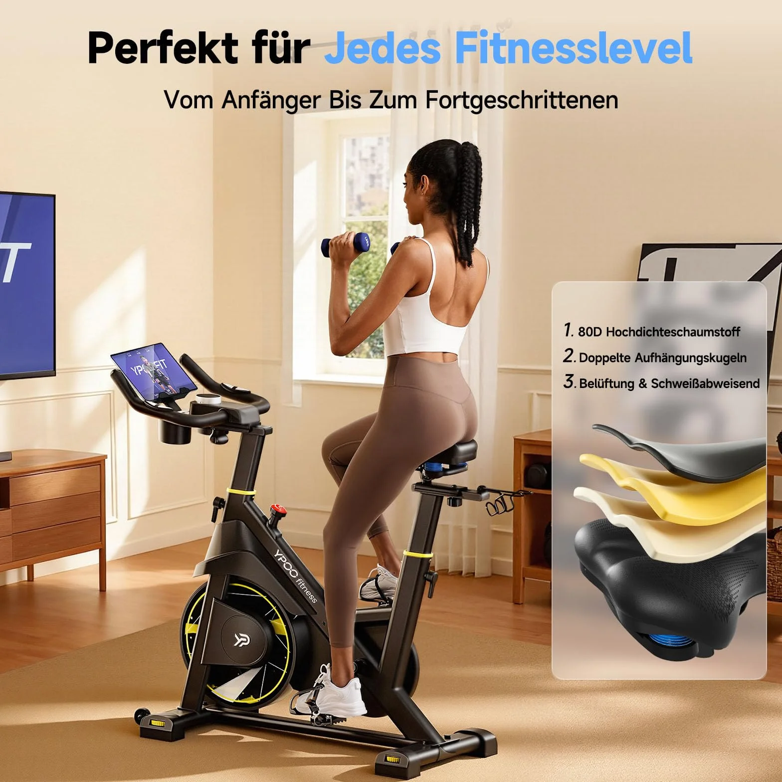 YPOO Vélo d’Appartement, Résistance Magnétique Réglable, Siège Confortable, Support Tablette & App Exclusive, Vélo d’Intérieur pour Cardio à Domicile, Grande Capacité de Charge