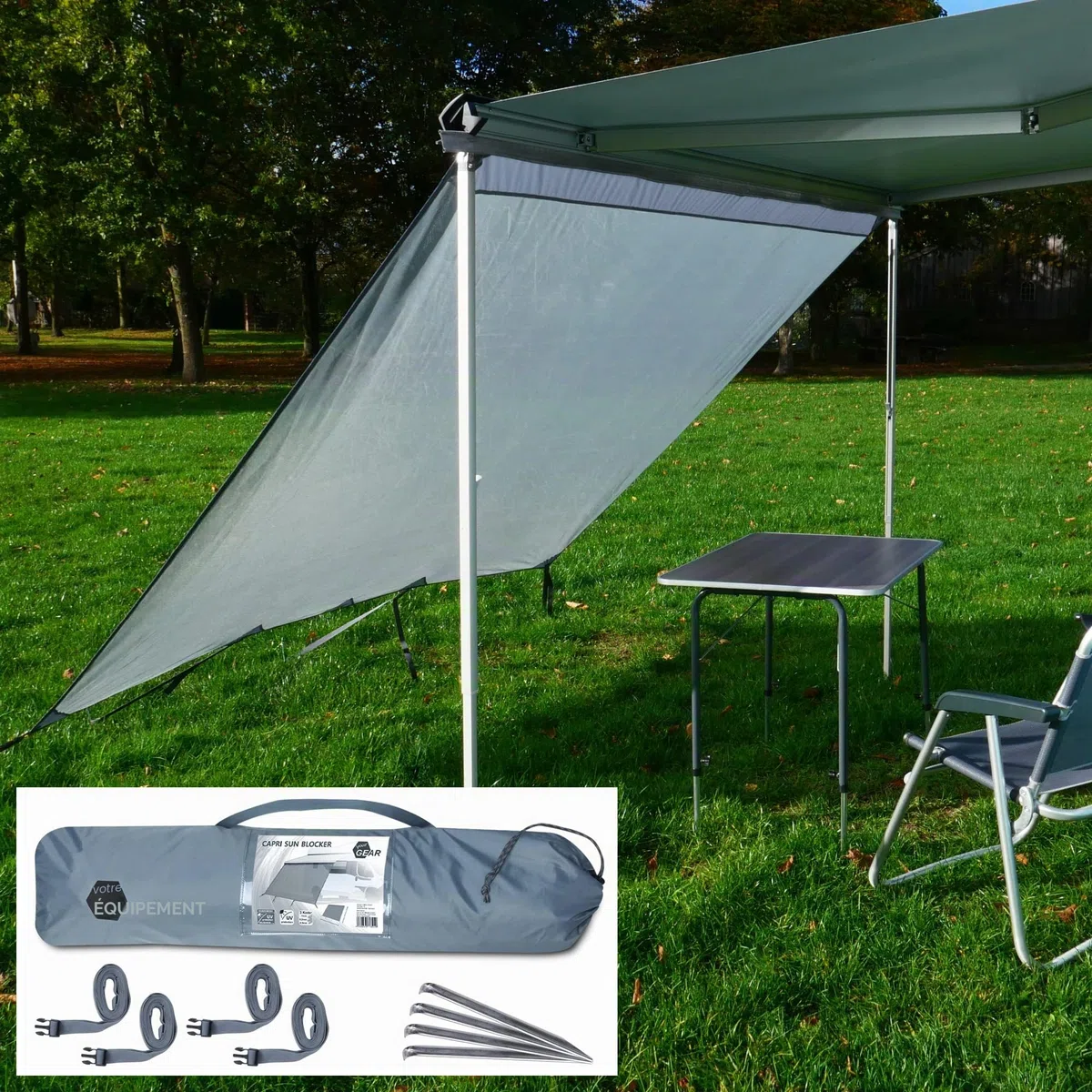 your GEAR Capri Sun Blocker Paroi avant et parois latérales perméable au vent pour auvent, protection visuelle et protection solaire, 3 passepoils, diamètre 4,3, 6,2 et 7 mm, largeurs de 240 à 480 cm