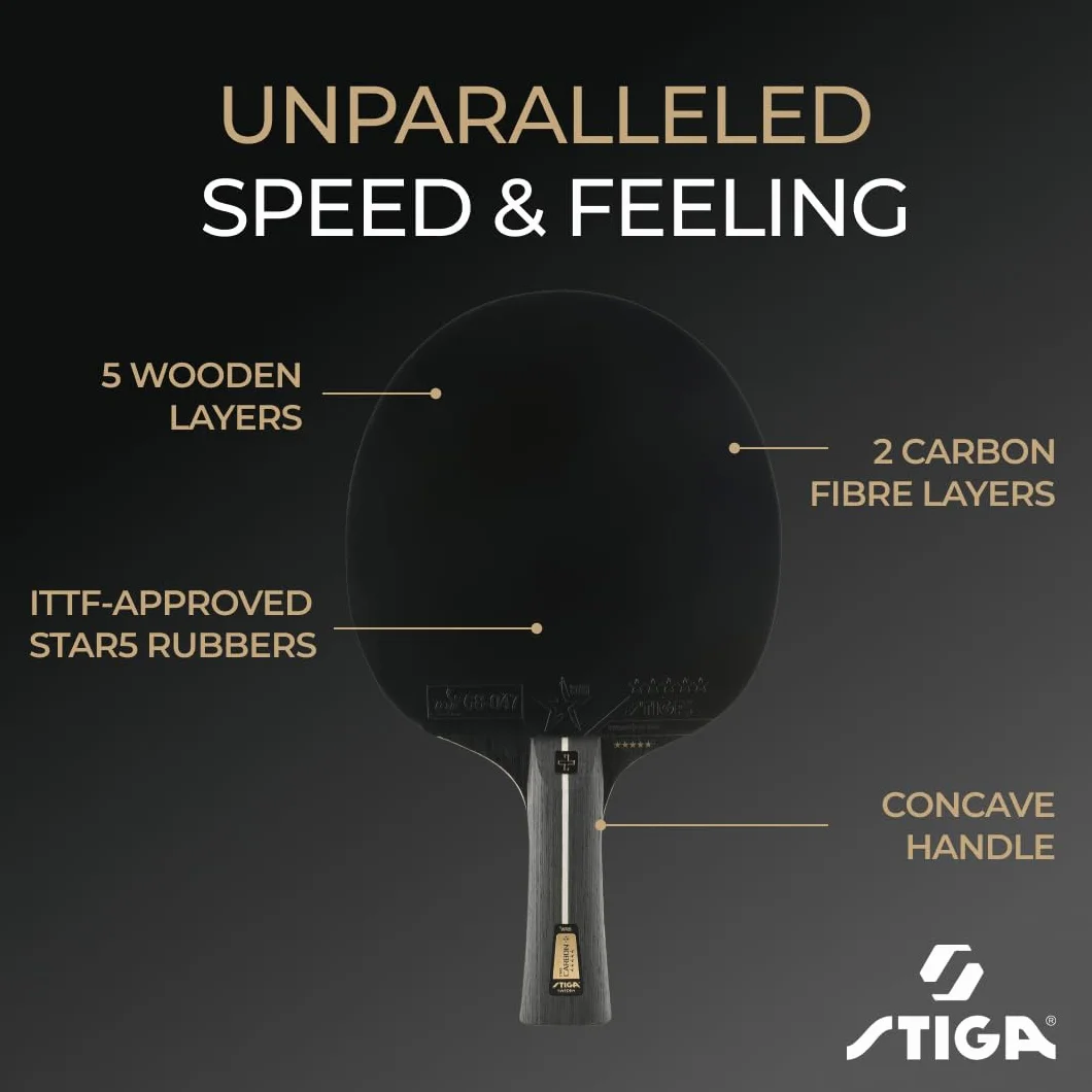STIGA Raquette de Ping-Pong Pro Carbon +, Technologie Carbon Touch, Manche Concave, Revêtement Caoutchouc 5 Étoiles, ITTF Approuvé, Noir/Rouge