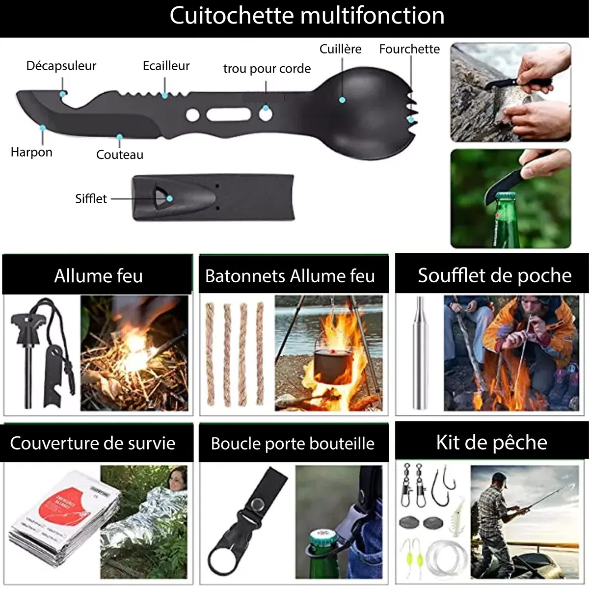 Kit de Survie Sac Complet - Trousse de Secours - Mini Pelle Pioche Pliante - Boussole - Paracorde - Couteau Pliant Multifonction - Allume Feu - Lampe Torche