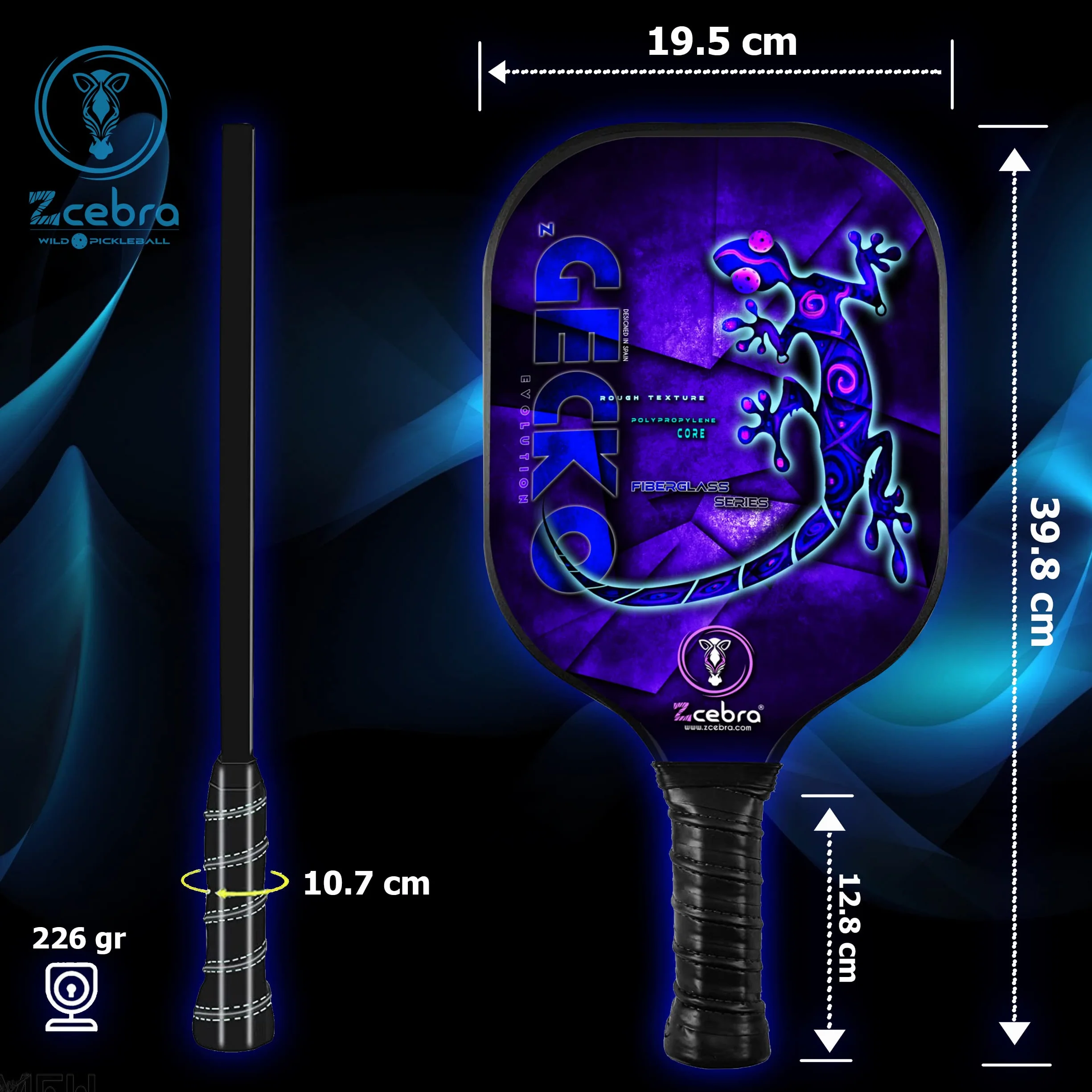 Raquette de Pickleball Composite - Raquette légère en fibre de verre noyau en panneau d'abeille polypropylène texturé - Paddle Premium ZGECKO