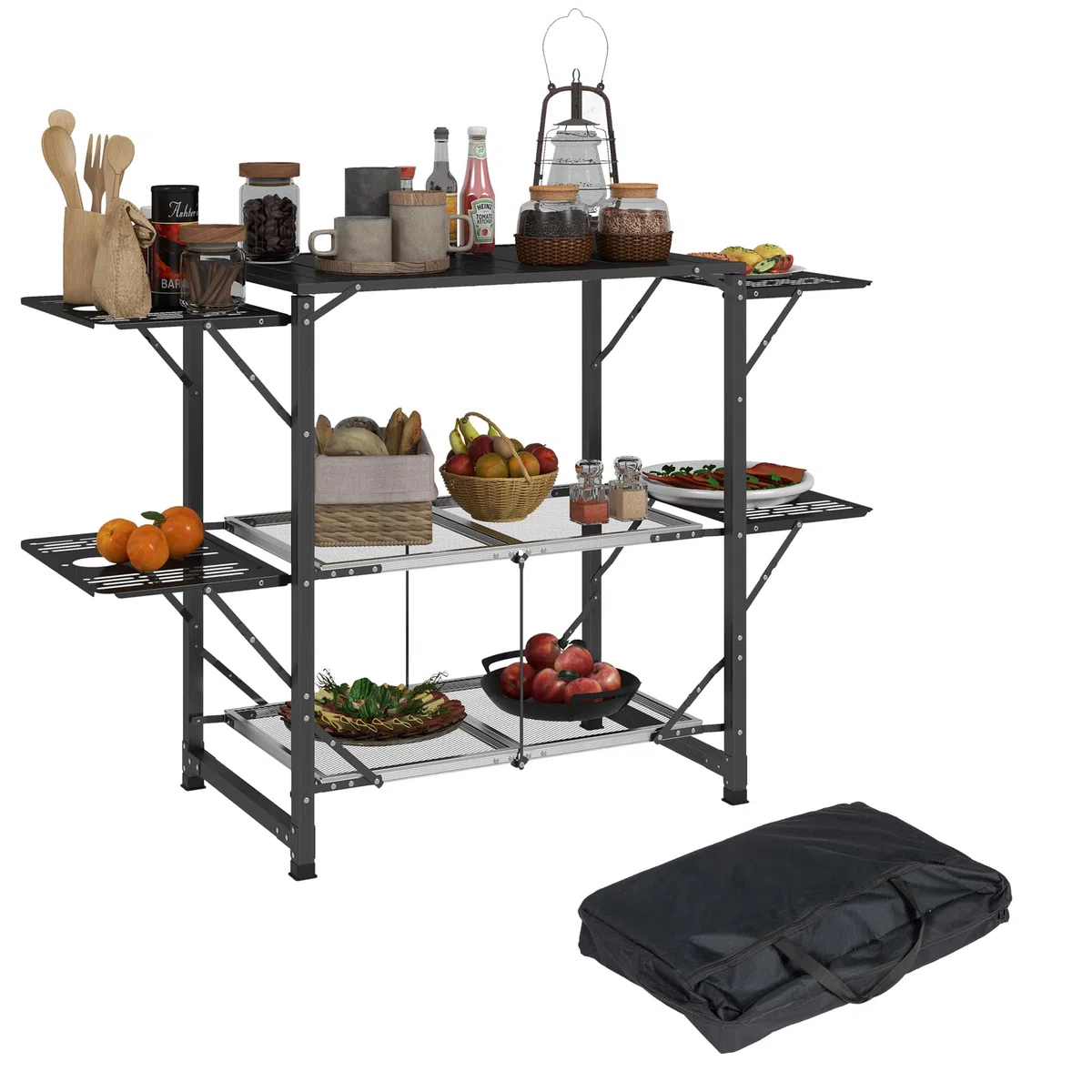 Outsunny Cuisine de Camping Table de Camping Pliante en Acier et Aluminium, avec Sac de Transport, 2 tablettes rabattables, 2 étagères et Porte-gobelets, dim. 126L x 46l x 81H cm