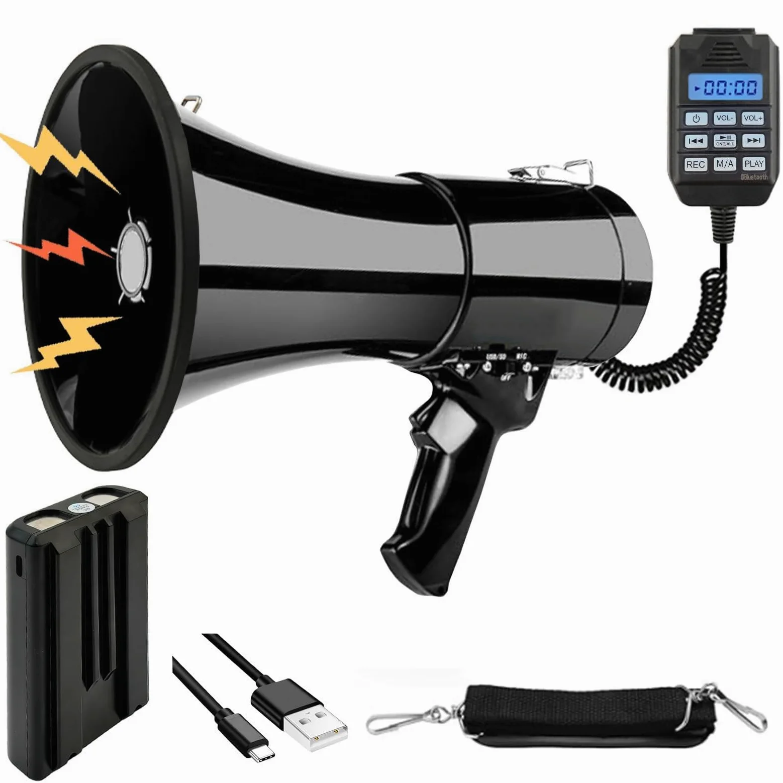 Mégaphone Transportable 100W, Portée Maximale 2000m, Fonctions Enregistrement et Bluetooth, Megaphone Porte Voix avec Bandoulière Réglable