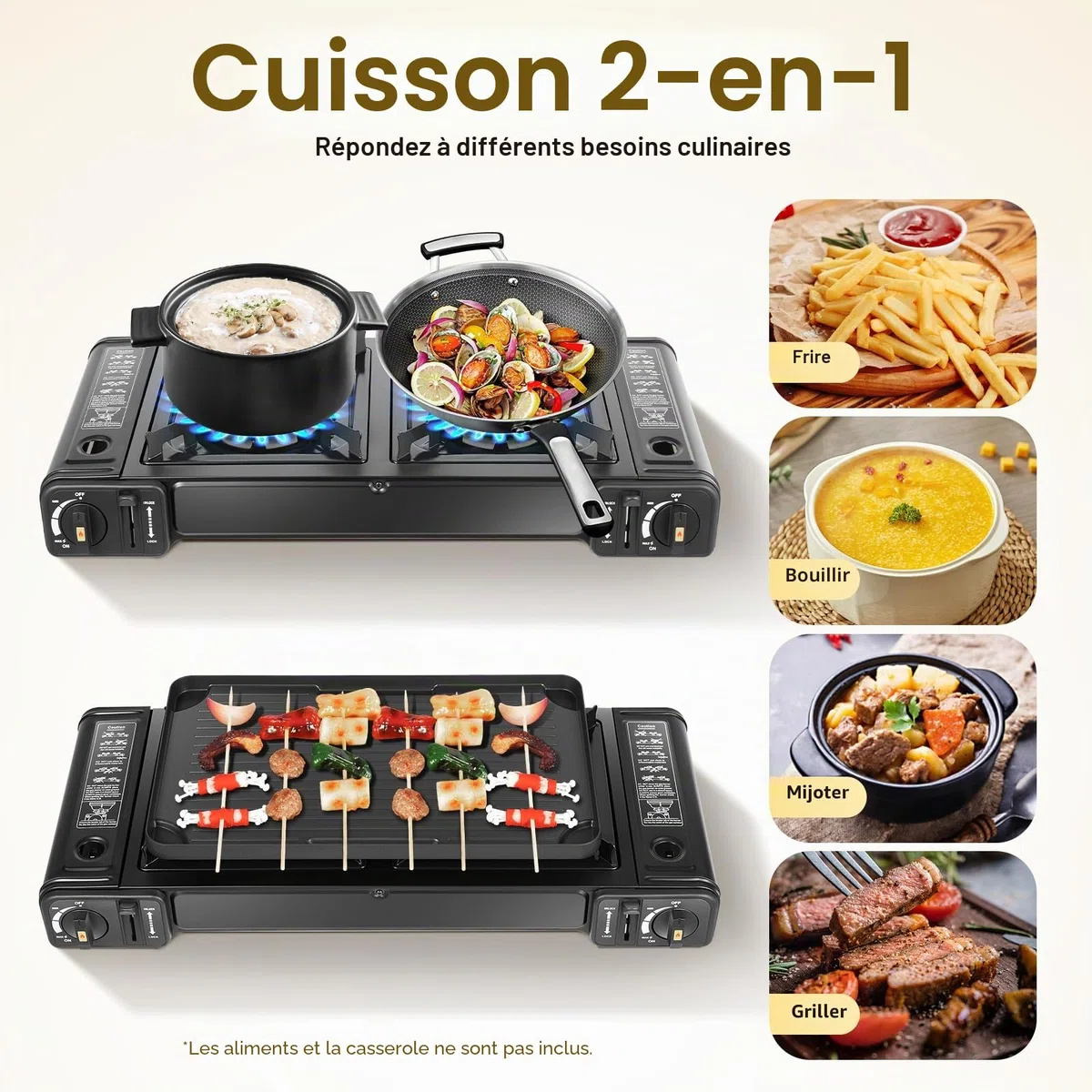 Réchaud à gaz portable d'extérieur à 2 feux avec plaque de cuisson | 50 % d'efficacité thermique et plaque de cuisson lavable au lave-vaisselle (43,5 x 25 cm) pour camping/balcon avec soupape de