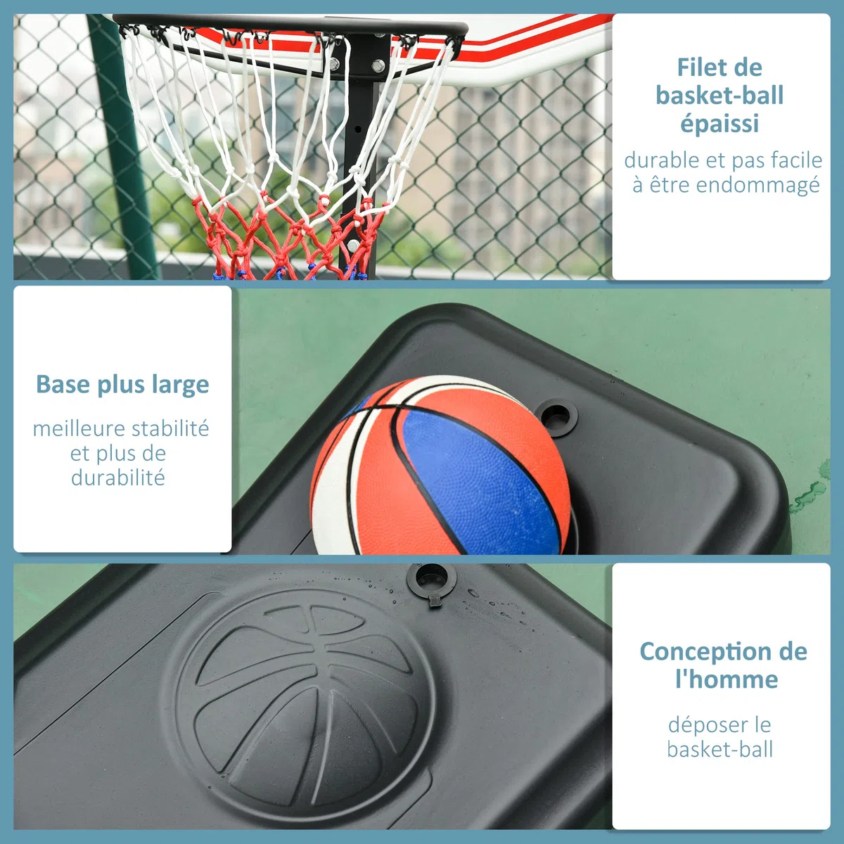 HOMCOM Panier de Basket-Ball sur Pied avec Poteau Panneau, Base de lestage sur roulettes Hauteur réglable 1,9-2,5 m Noir Blanc