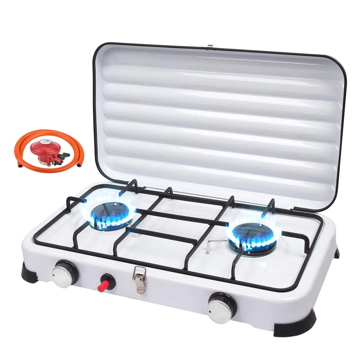 Rechaud Gaz 2 Feux Portable, 4.4KW Réchaud Gaz-GPL Camping Auto-Ignition pour Extérieur avec Tuyaux 150 cm et Régulateur de 37 mbar, Réchaud Gaz Couvercle Détachable