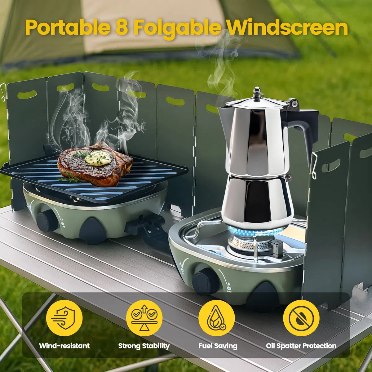 Réchaud de camping portable à 2 brûleurs - 3000 W x 2/1,74 kg - Léger et pliable - 2 feux avec allumage piézo - Plaque de cuisson et tuyau de gaz - Pour barbecue extérieur, randonnée et