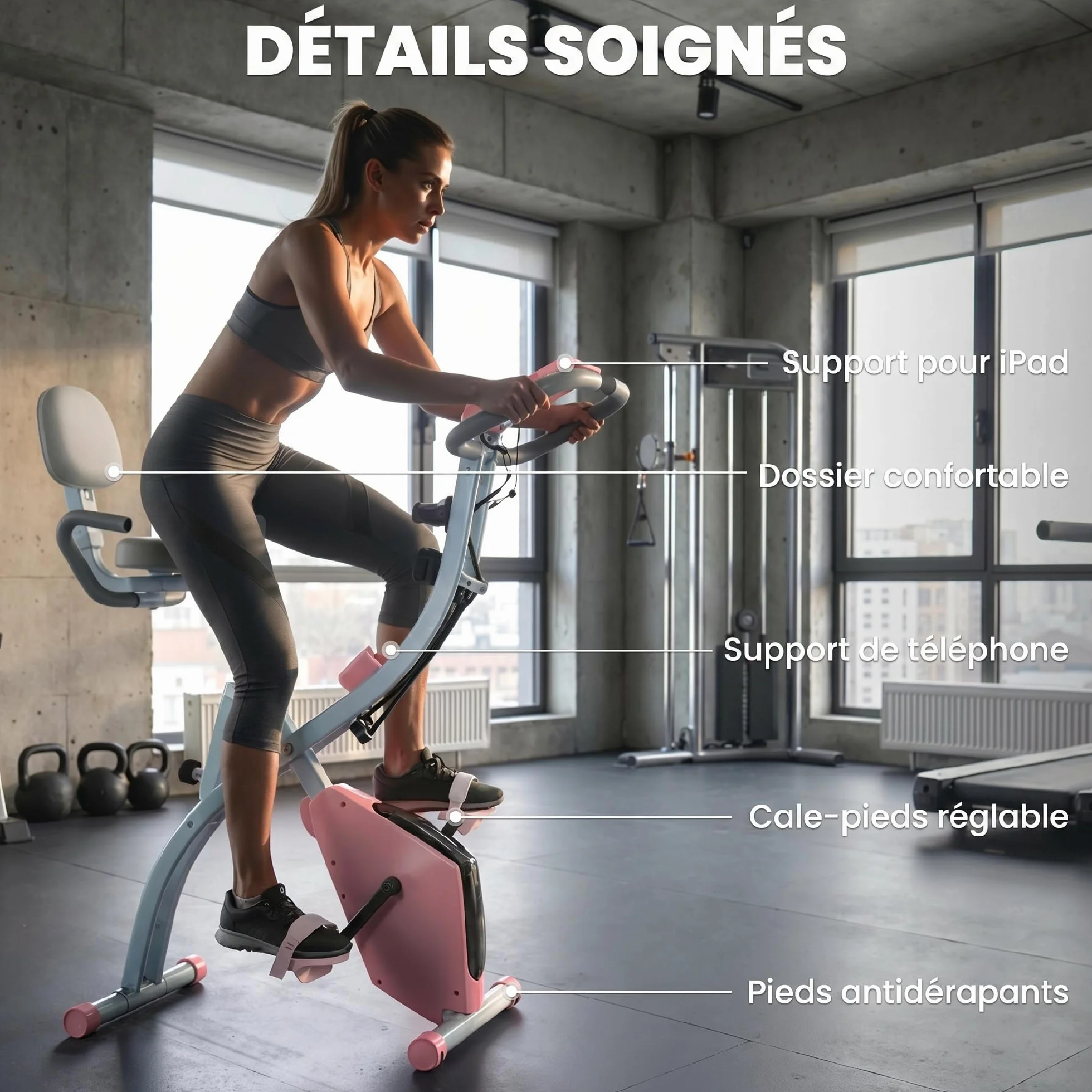 HOMCOM Vélo d'Appartement Pliable 4-en-1 - Ergomètre Magnétique Silencieux avec Cordes de Résistance - Sport Maison et Cardio-training avec Roulettes, Selle Confort et LCD (Max 120kg)