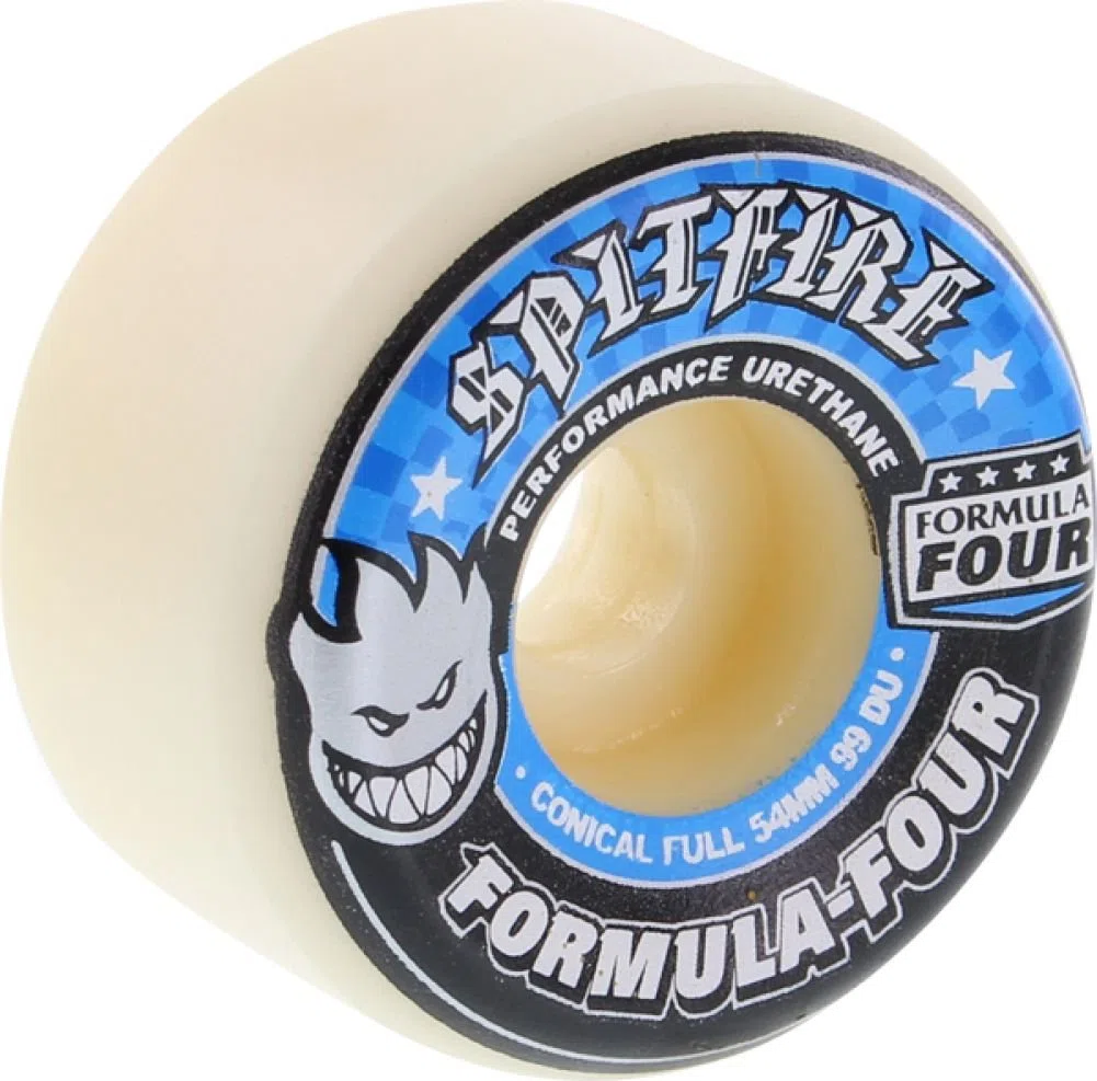 Spitfire Formula 4 99a Conical Full 54mm White W Blue Skate Wheels by Spitfire