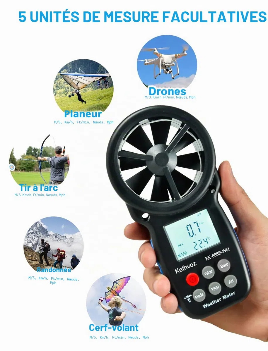 Kethvoz Anémomètre Numérique, Anemometer Portable avec Baromètre Altimètre Mesure Vitesse du Vent Température Humidité Altitude pour Drone Randonnée Escalade VMC Air Balance KE-866B-WM