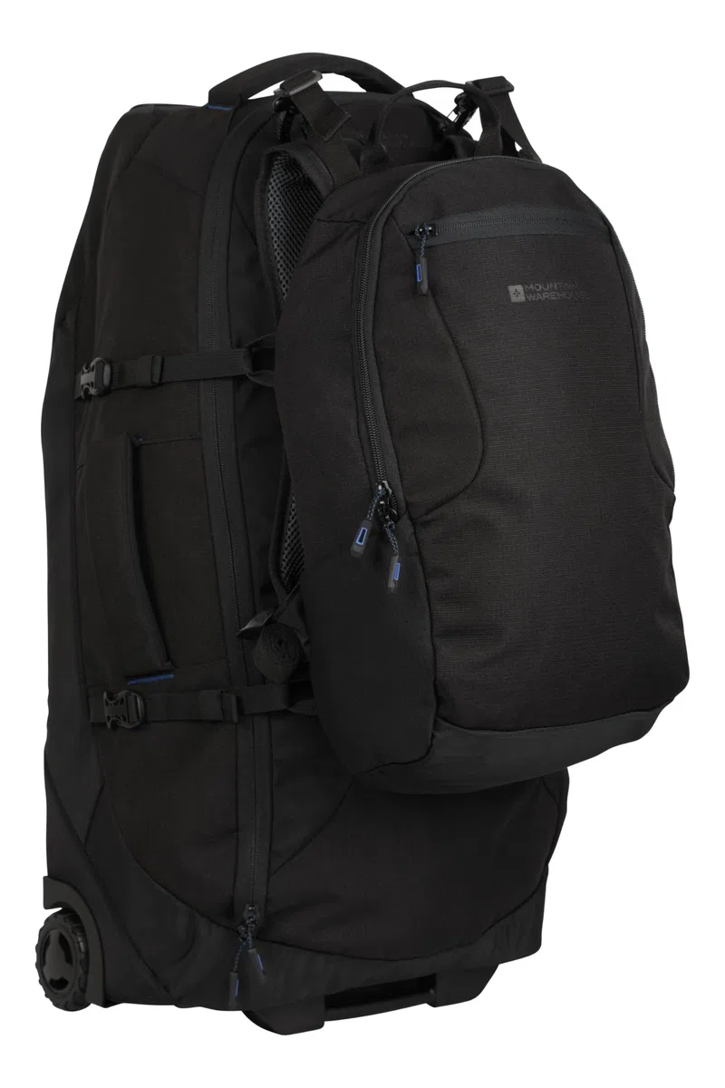 Mountain Warehouse Voyager Wheelie Sac à Dos de 50 + 20 litres - Sac à Dos rembourré en Maille aérée avec Fermetures éclair verrouillables et Sangles réglables - Camping Noir Taille Unique
