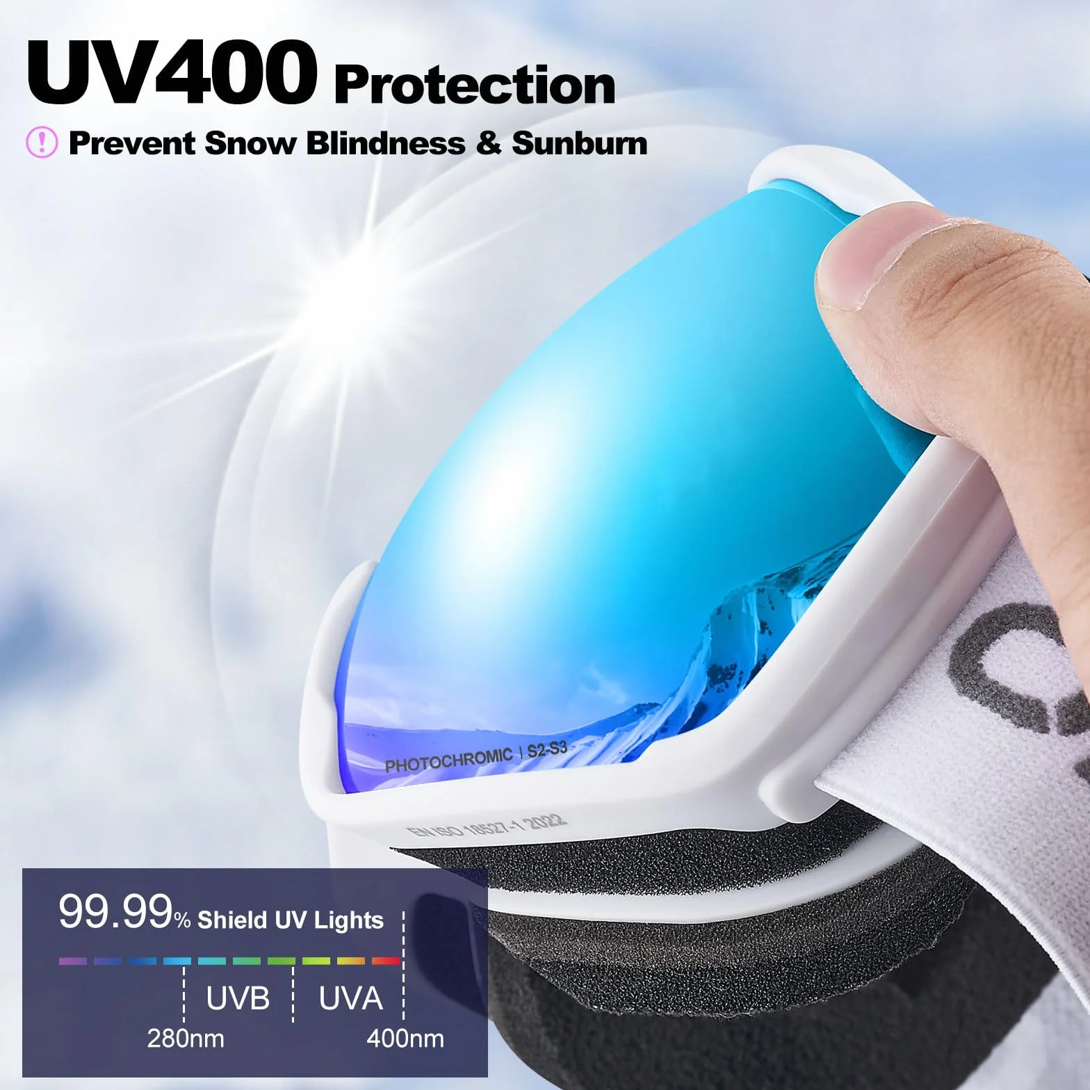 Odoland Lunettes de Ski Lentille Photochromique, Masque de Ski et Snowboard Anti-UV400, Anti-Buée,avec Grande Lentille Sphérique pour Homme Femme, Skating, Surf des neiges