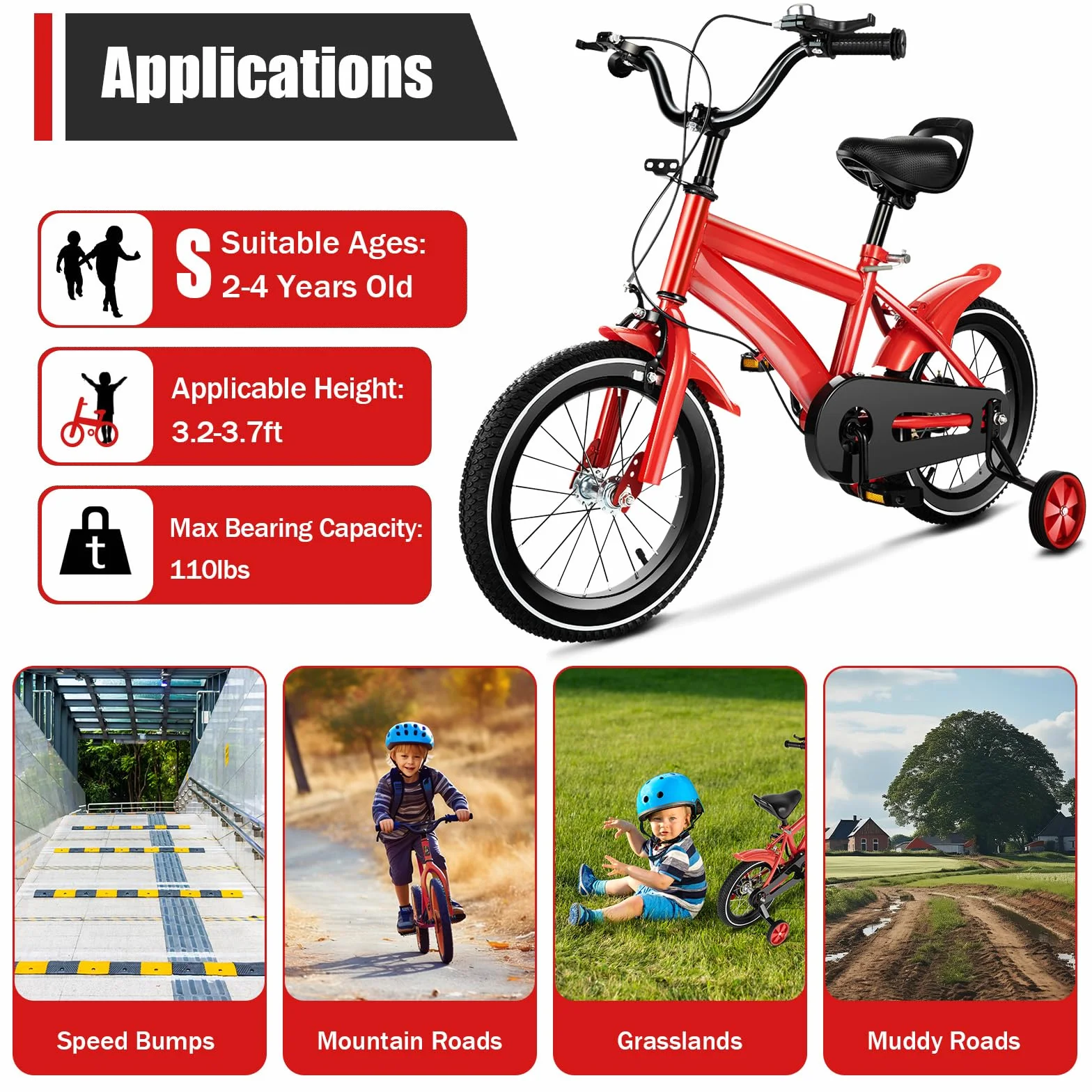 Vélo enfant 14 pouces roues stabilisatrices double freinage réglable hauteur 3 ans