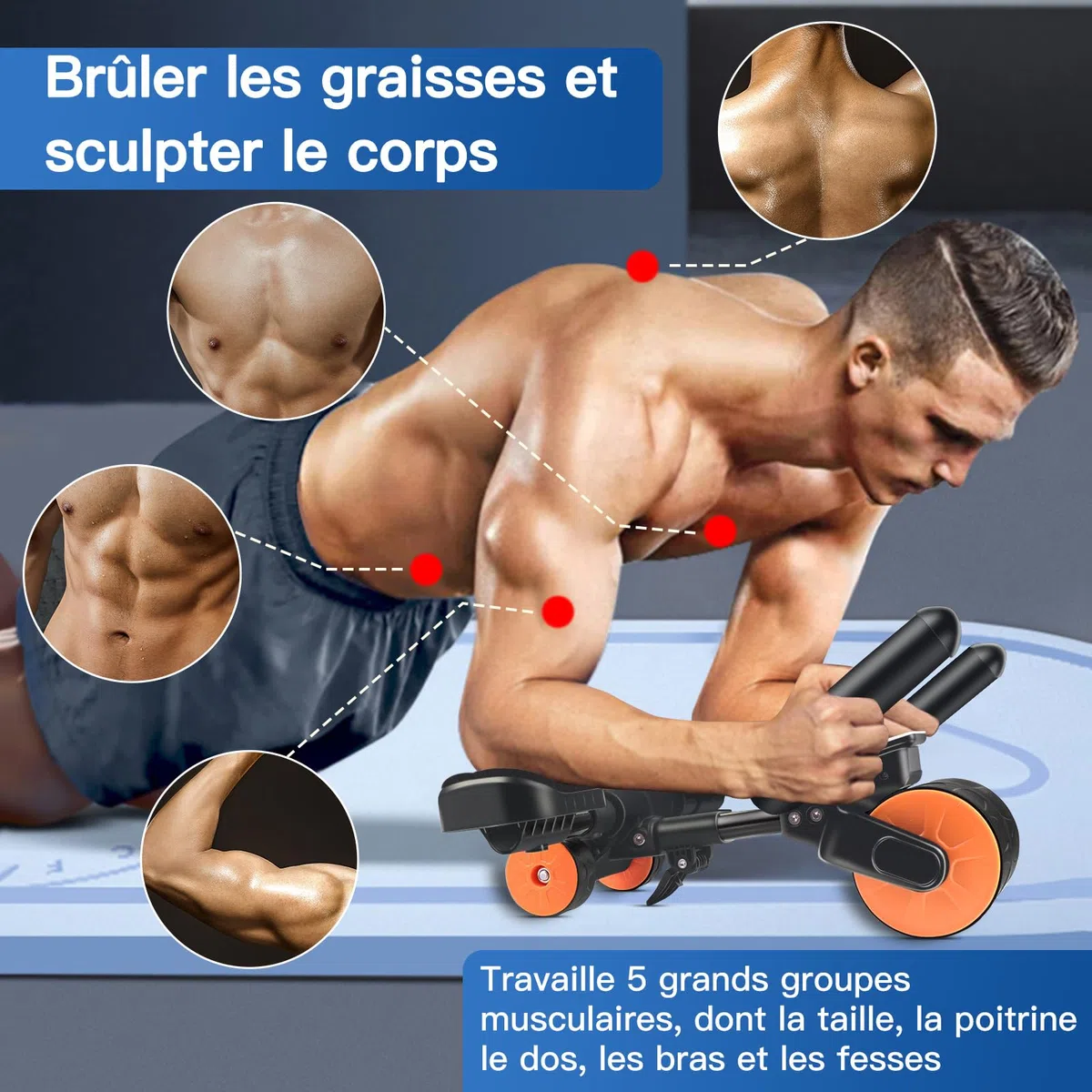 Roue Abdominale à Rebond Automatique Avec Tapis de Fitness【Conception à Trois Roues】Abdos Musculation Appareil Sport Maison, Roulette Abdominaux, gym Accessoires pour Hommes et Femmes