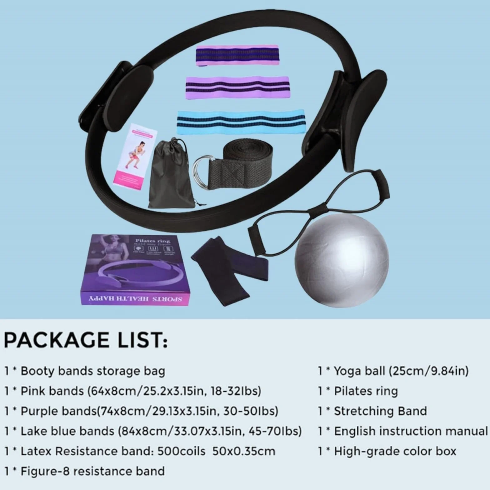 Générique Ensemble Pilates Yoga 11 Pièces — Kit Pilates Maison, Kits de Yoga et Pilates, Pilates Accessoires, Bande de Résistance pour Pilates, Anneaux de Pilates pour Jambes, Bras et Cuisses