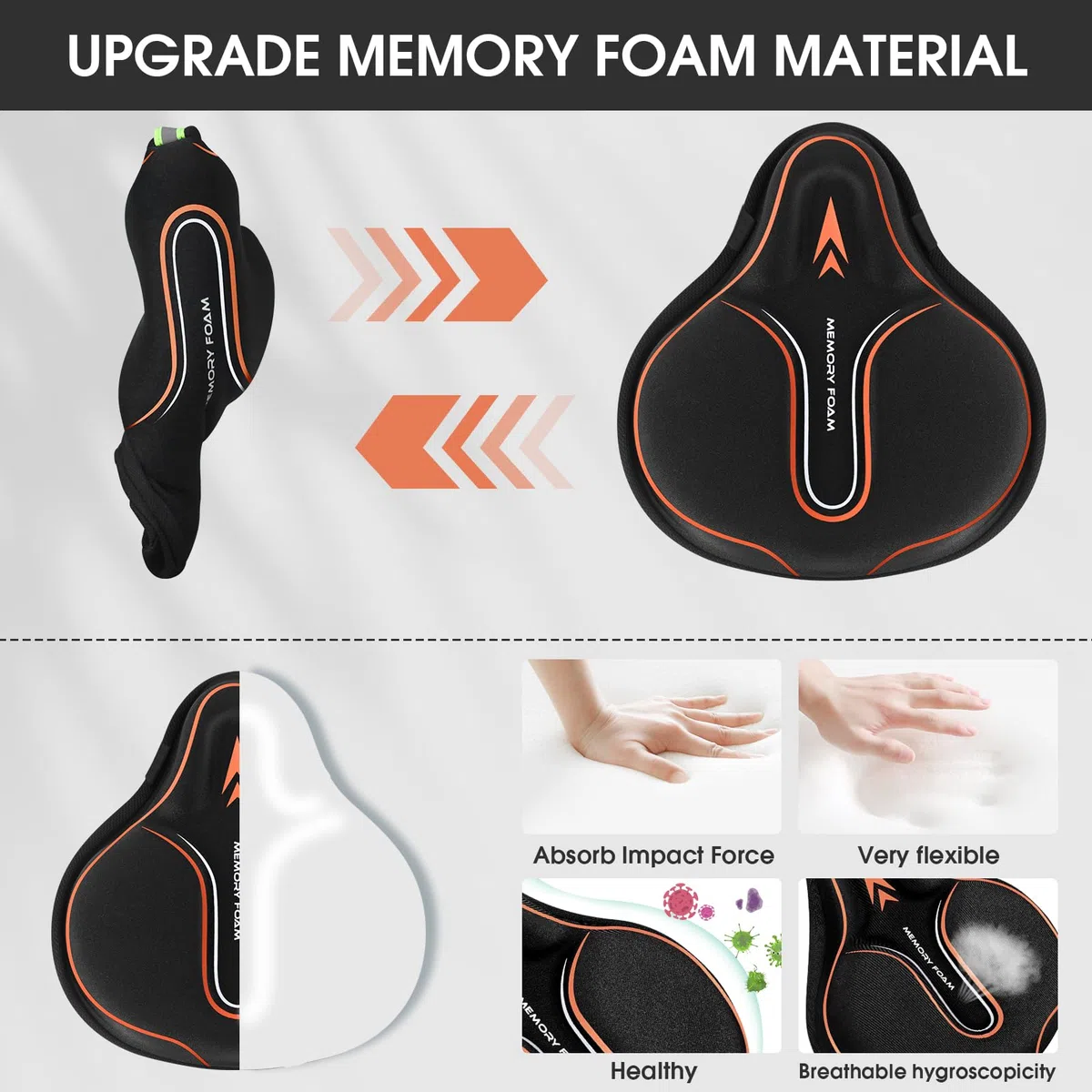 MSDADA Housse de siège de vélo en Mousse à mémoire de Forme rembourrée, Coussin de vélo Doux pour Homme et Femme, Accessoire de vélo Confortable pour vélo, extérieur et intérieur (Orange)