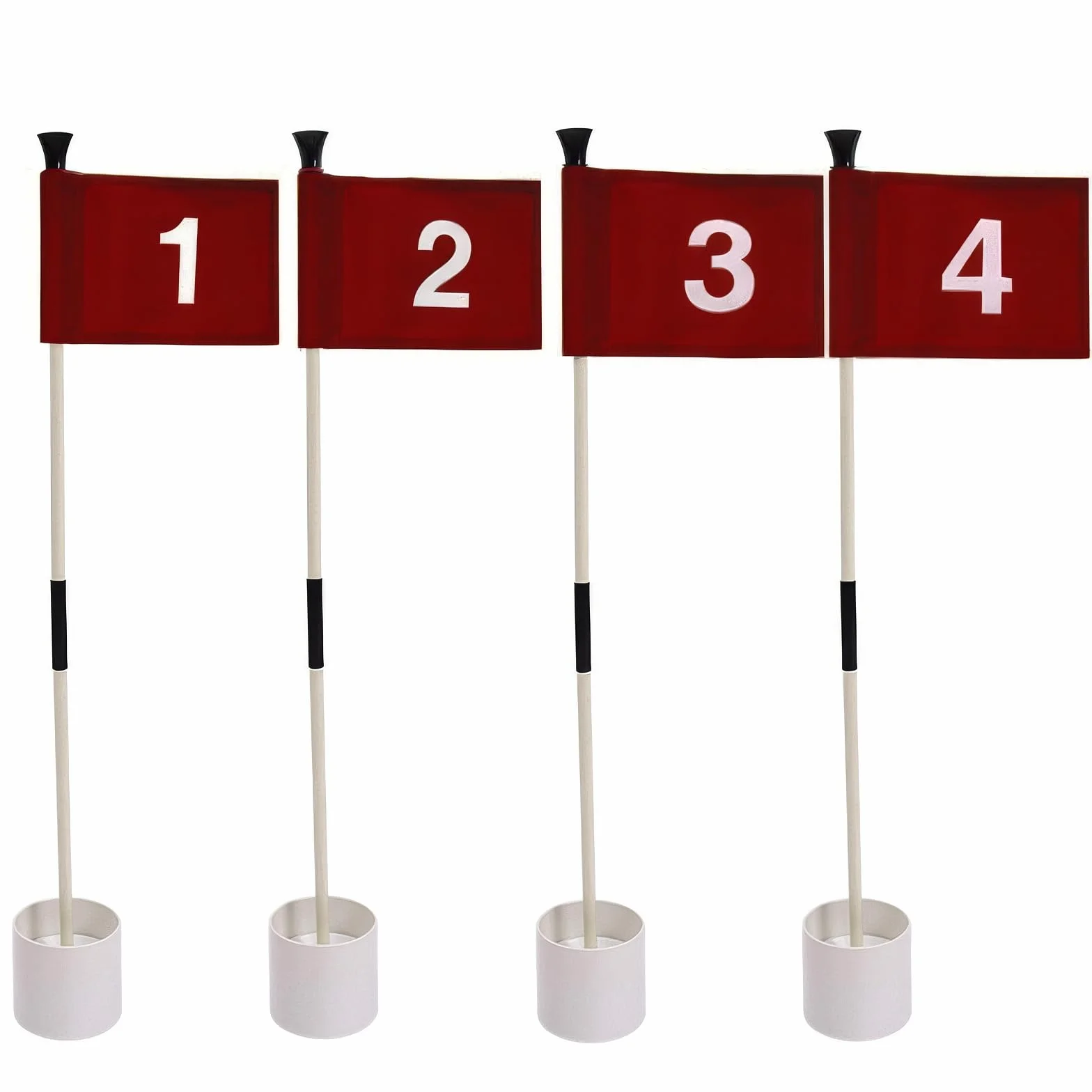 Putting Green Flags Lot de 4 drapeaux numérotés recto-verso (1-4), bâton de golf amovible (hauteur totale 83 cm, diamètre de la tasse de trou de 10,7 cm), rouge, 26 cm x 16,5 cm, accessoire