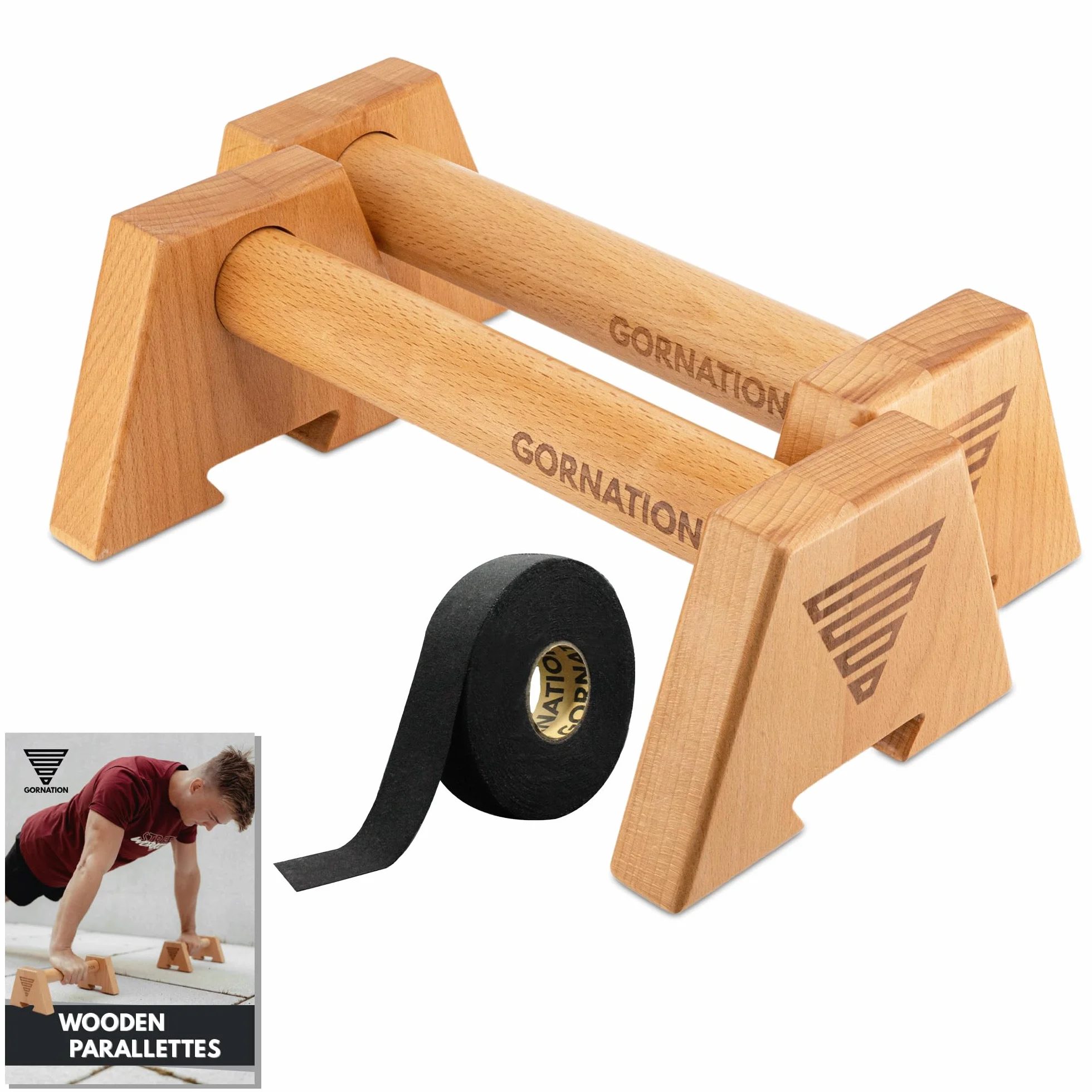 GORNATION Parallettes en Bois, Barres Parallèles por Musculation, Calisthenics, Street Workout & Fitness Training, Push Up Bars, Poignées de Pompe, Antidérapantes, incl. Grip Tape 2.0 10m