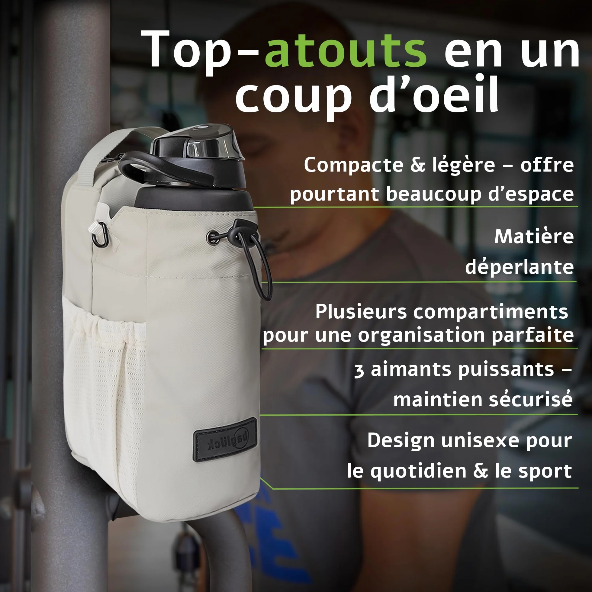 Sac de Sport magnétique avec Porte-Bouteille 1,5L – Sac Gym Fitness Homme Femme, Beige