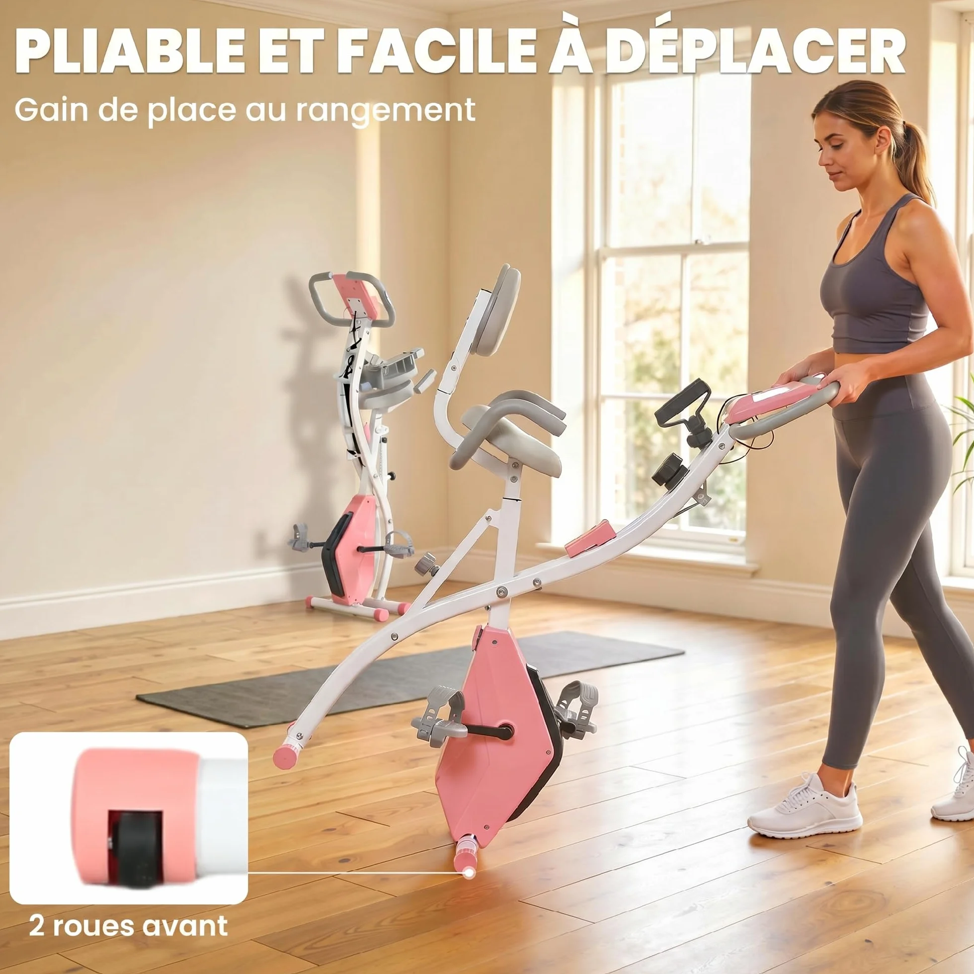 HOMCOM Vélo d'Appartement Pliable 4-en-1 - Ergomètre Magnétique Silencieux avec Cordes de Résistance - Sport Maison et Cardio-training avec Roulettes, Selle Confort et LCD (Max 120kg)