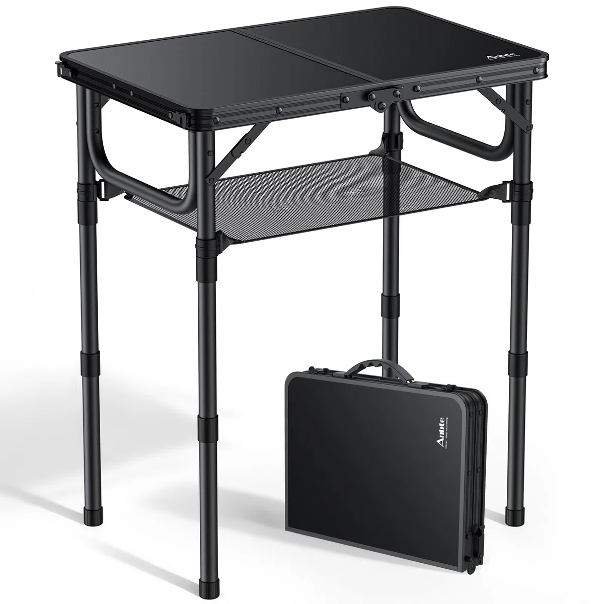 Anbte Table de Camping Pliante avec Filet de Rangement, Table de Pique-Nique Portable en Alliage d'Aluminium Hauteur Réglable en 3 hauteurs pour Intérieur/Extérieur, Cuisine