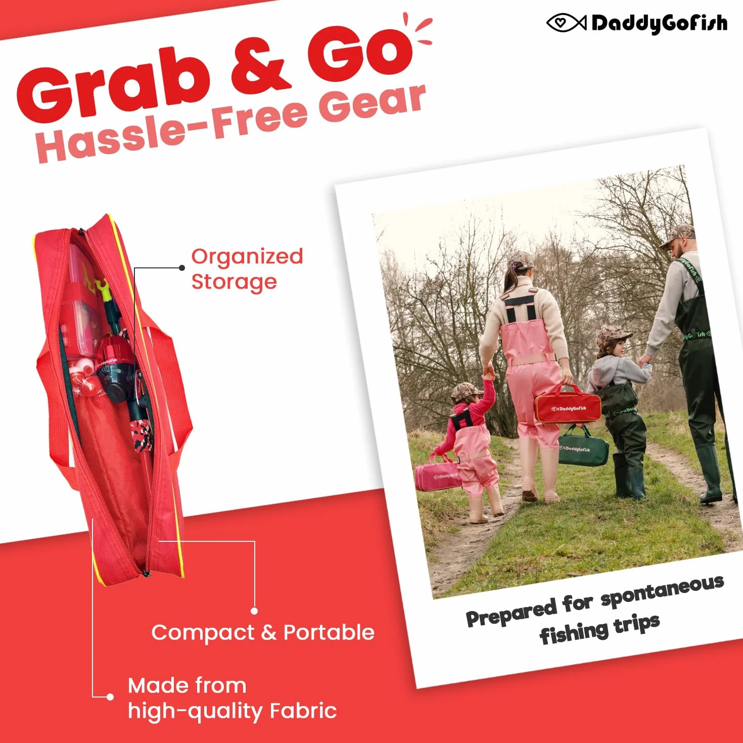 DaddyGoFish Enfants Canne à pêche télescopique Spincast Combo Chaise Pliable Porte-Canne boîte à appâts Filet et Sac de Transport garçons et Filles