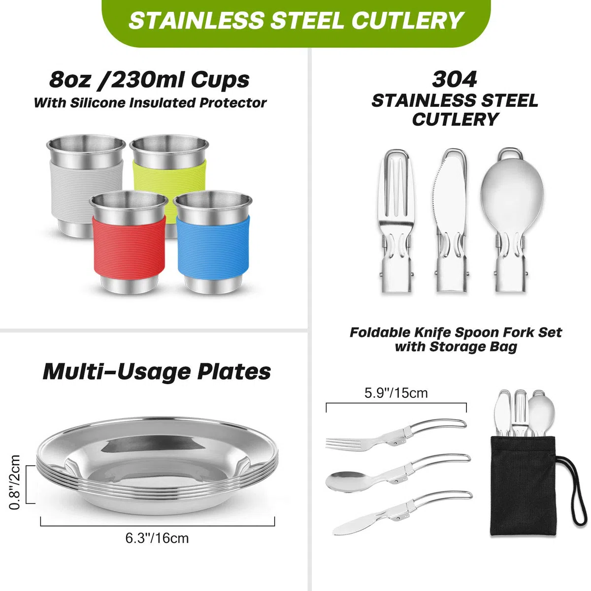 Odoland Multi-PCS Kit de Casseroles Camping, Cookware Kit Durable et Compact avec réservoir d'eau Pliable 12L et Seau, Bouilloire et Tasses en Acier Inoxydable pour Randonnée/Outdoor/Pique-Nique
