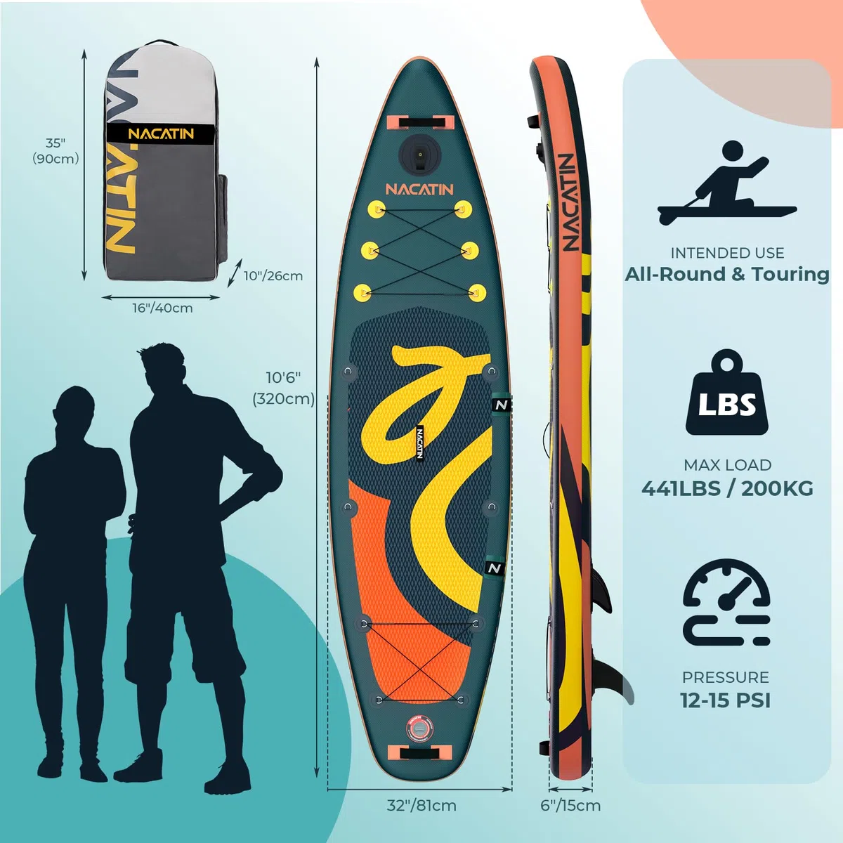 Paddle Gonflable Adulte, NACATIN 10'6" Stand Up Paddle Gonflable avec Pagaie Réglable, Pompe, Sac à Dos, Sac Étanche, Idéal pour Tous Les Niveaux de Compétence (Siège de Kayak Optionnel Disponible)