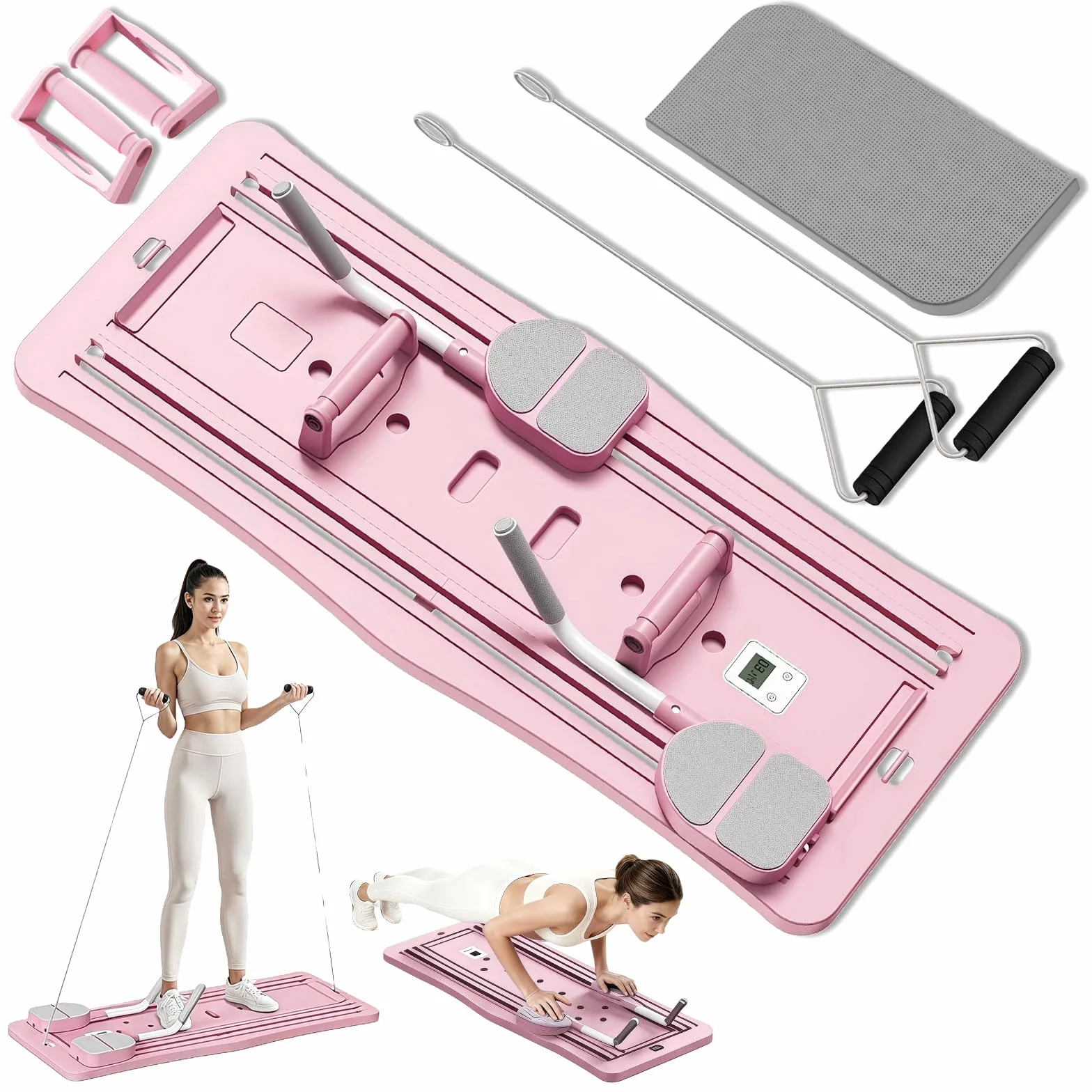 WingFly Pilates Reformer, 5 en 1 Pilates Board Pliable avec Roue Abdominale à Rebondissement Automatique et Minuterie, AB Roller Machine Multifonctionnel pour la Maison et la Salle de Sport