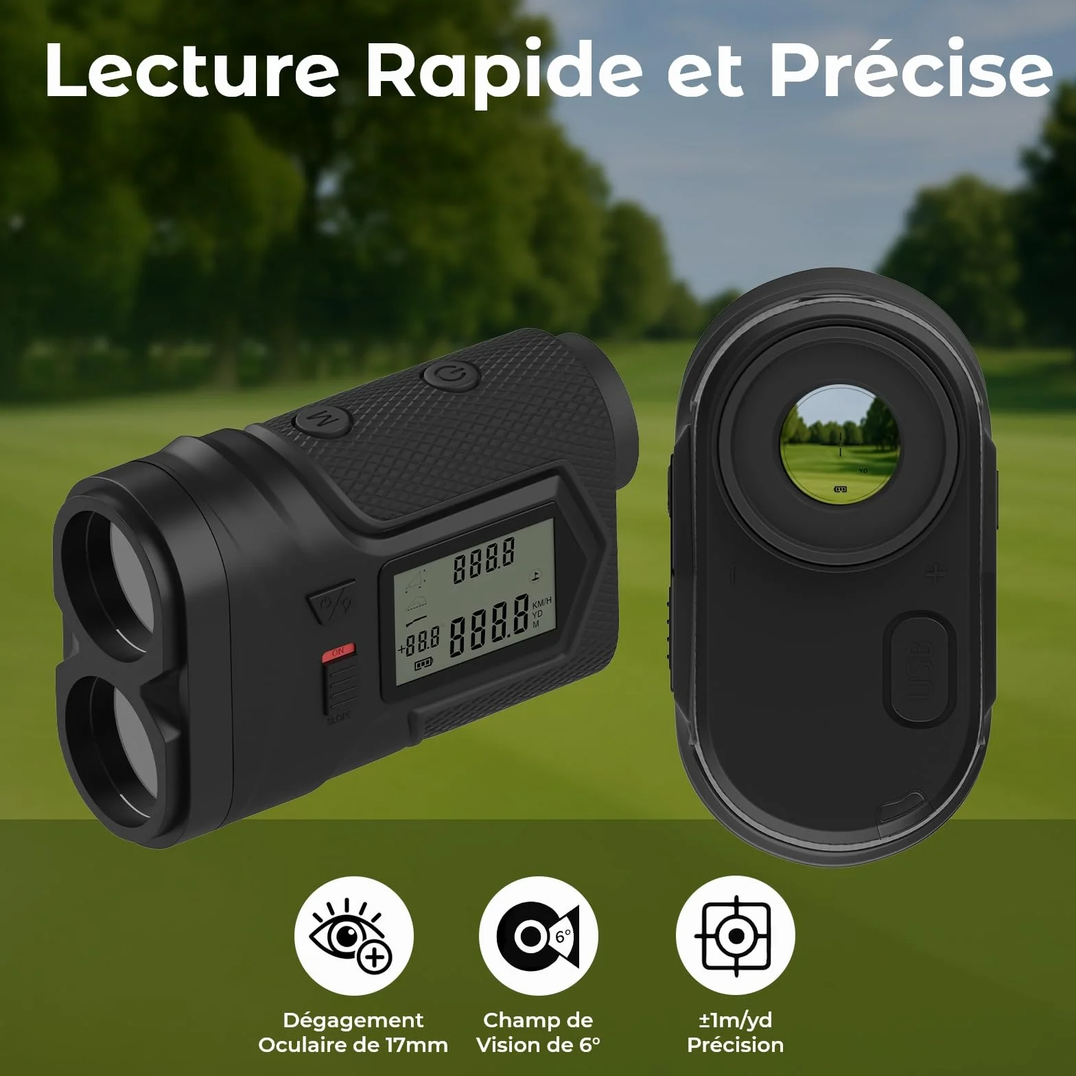 Télémètre Golf 1097M avec Pente on/Off et Verrouillage du Drapeau par WanderS – Télémètre Laser USB-C Rechargeable, Grossissement 6X, Mode Tournoi, Écran Latéral – Accessoire Golf Homme