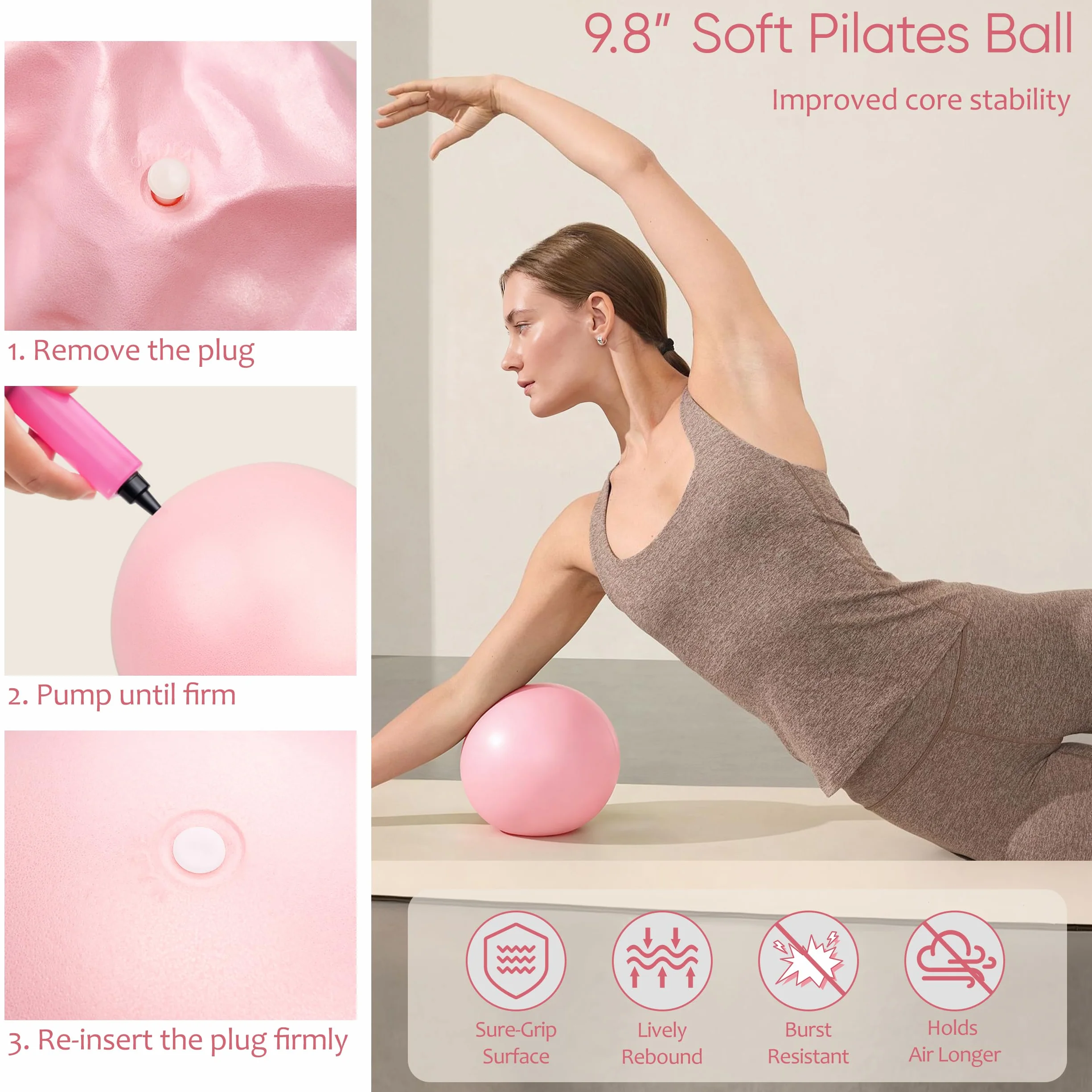 NANATI Kit de pilates 18 pièces, kit essentiel de pilates pour femmes à domicile, équipement de pilates avec anneau et balle de pilates de 36,8 cm, 7 bandes de résistance, poids de cheville, curseurs