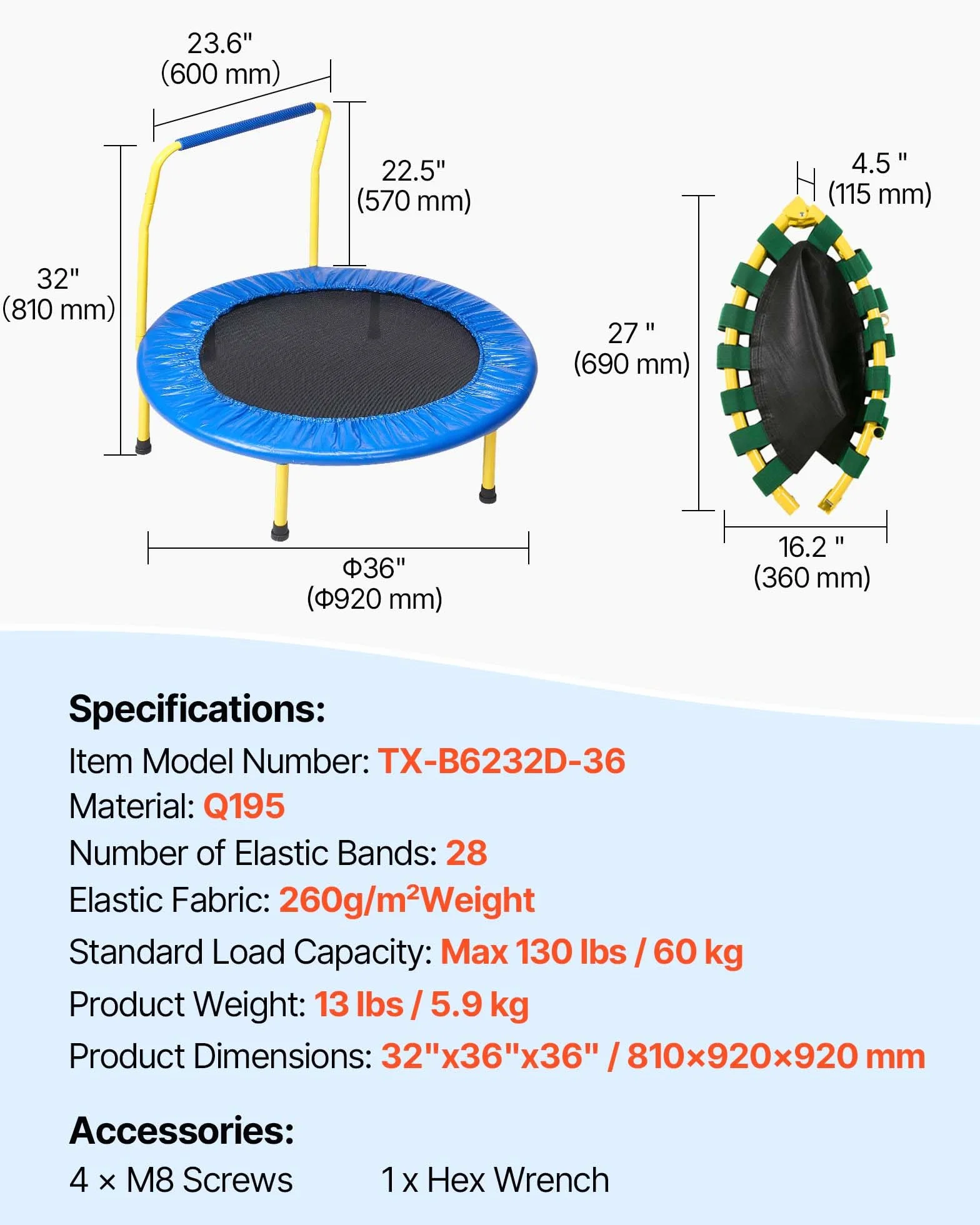 VEVOR Trampoline pour Enfants 92 cm Mini Trampoline Extérieur Intérieur Pliable pour Tout-Petits avec Poignée Mousse Trampoline Récréatif Exercices Cadeau d'anniversaire pour Enfants de 3 Ans et Plus