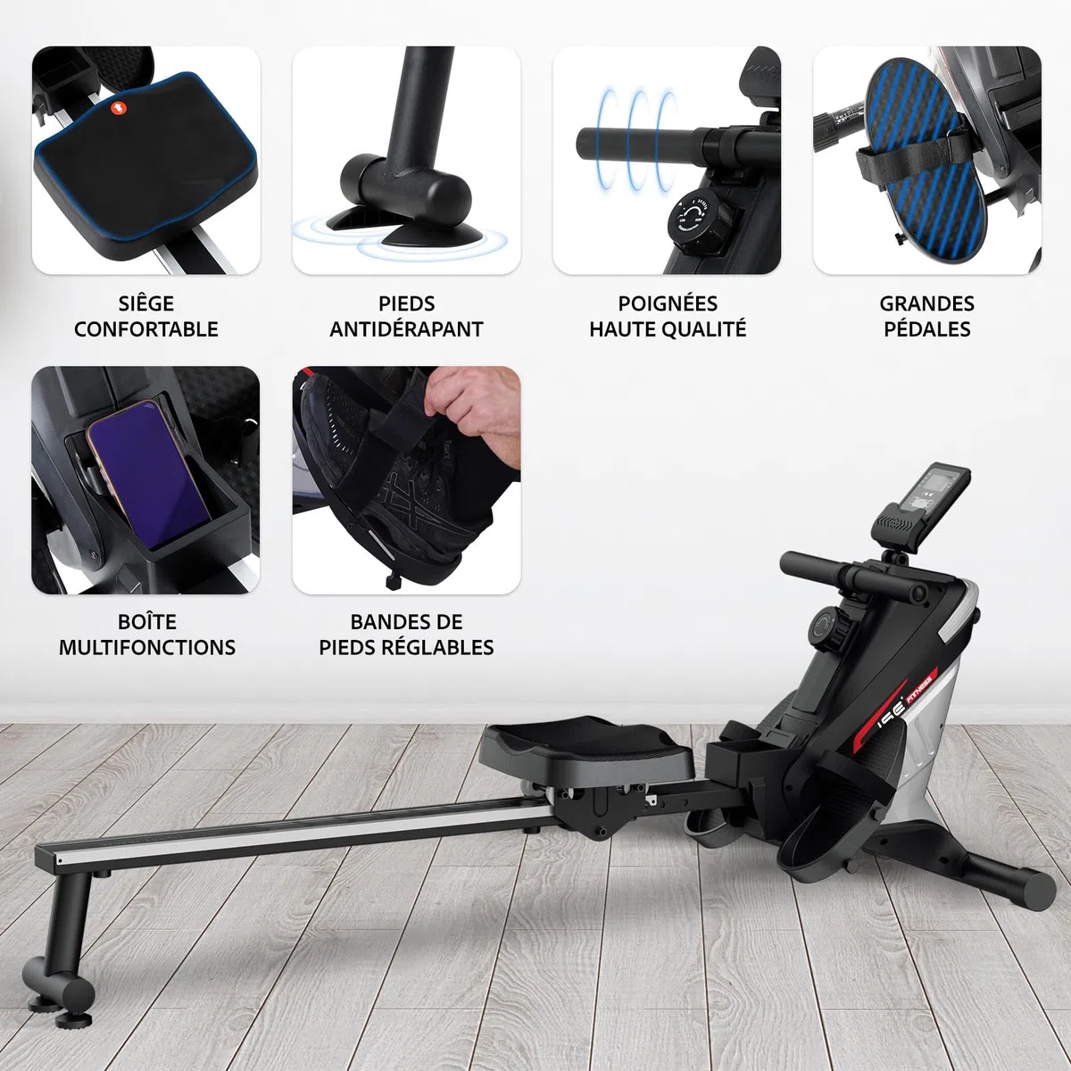 ISE Rameur Musculation, Rameurs Pliable Appartement, Rameur Magnétique 8 Niveaux Résistance, Rowing Machine Silencieux Stable, Rails Solide&Lisse, Rameurs Ecran LCD, Siège Ergonomique, Cardio-Training